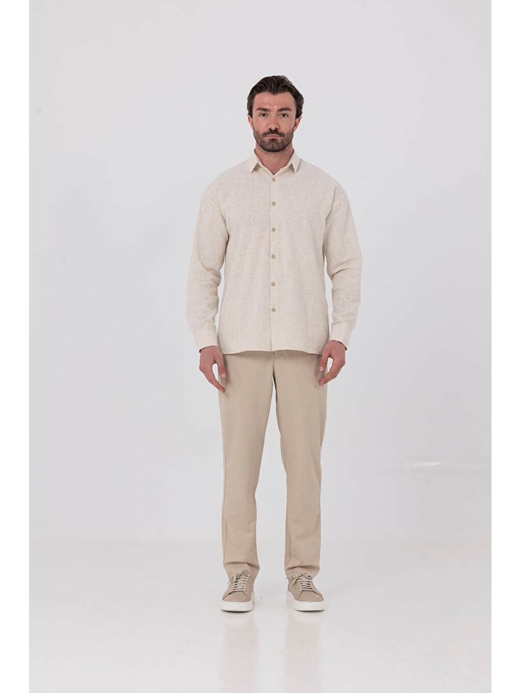 Ekru Regular Fit Keten Görünümlü %100 Pamuk Gömlek-1