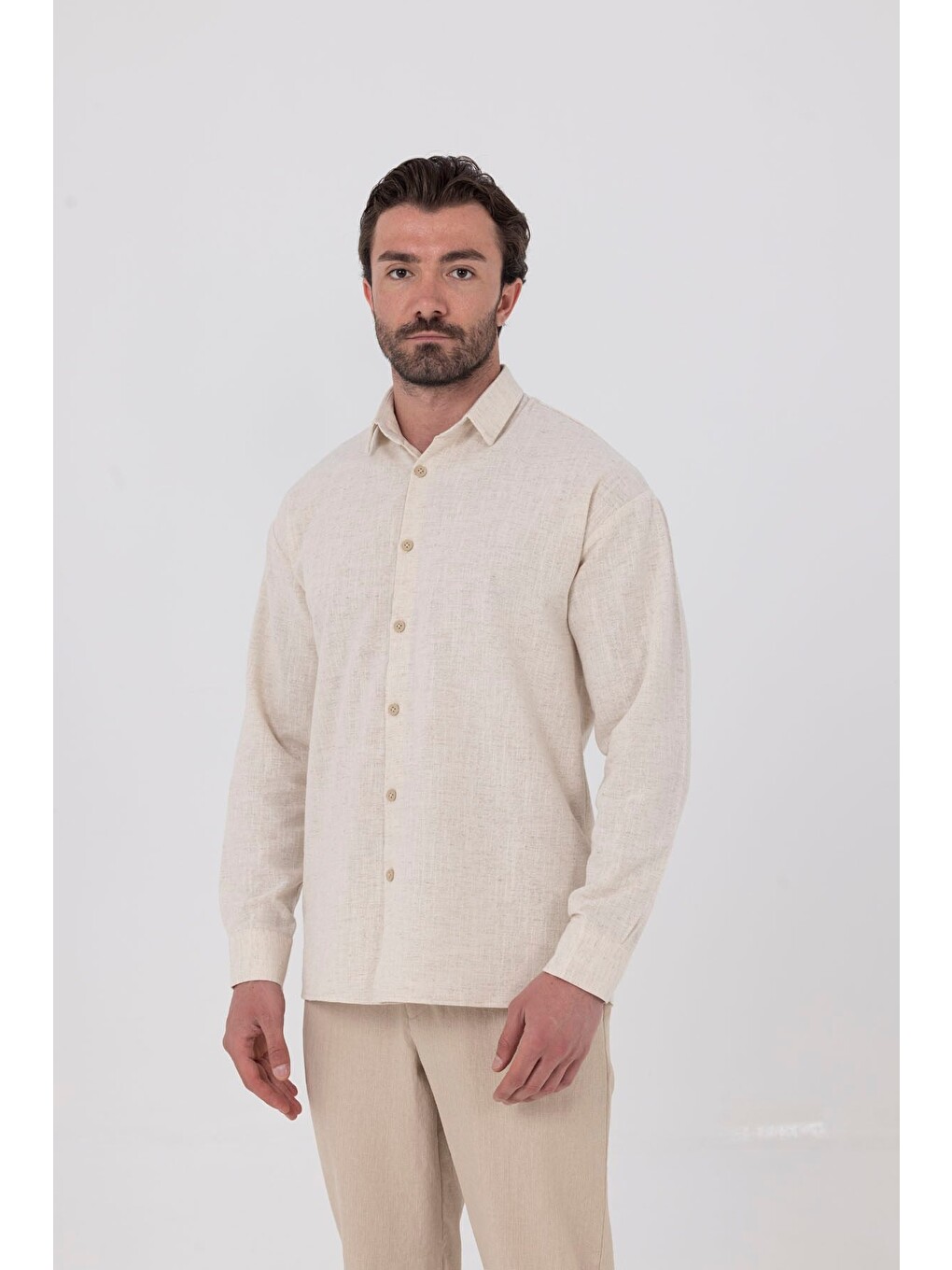 Ekru Regular Fit Keten Görünümlü %100 Pamuk Gömlek-2