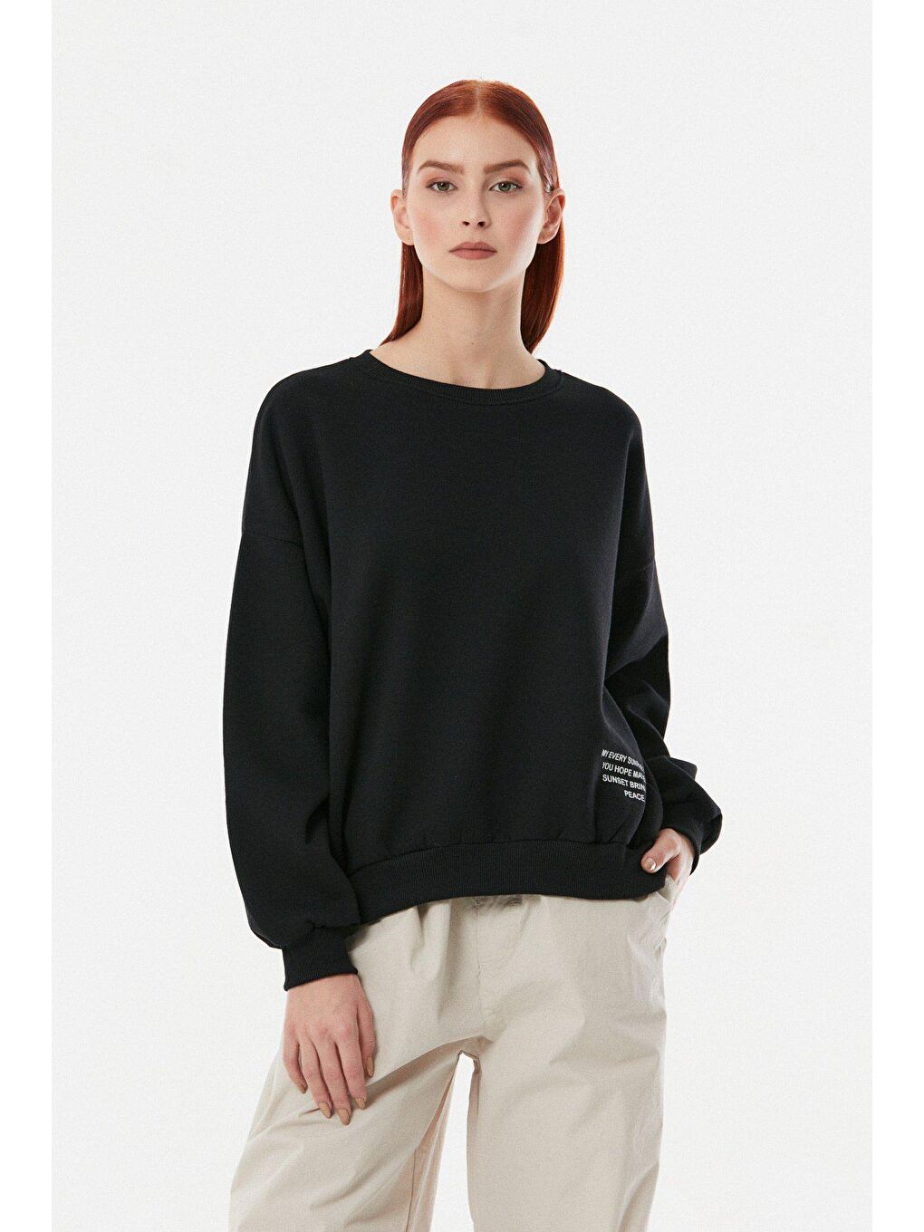 Siyah Baskılı Bisiklet Yaka Sweatshirt