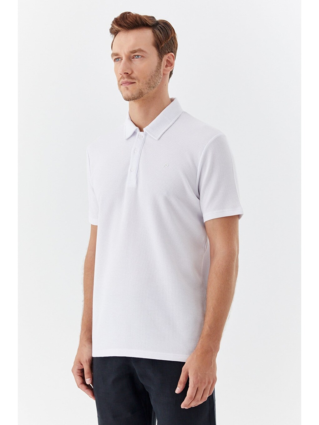 Ekru Piti Kare Desenli Pamuklu Polo Yaka T-shirt-1