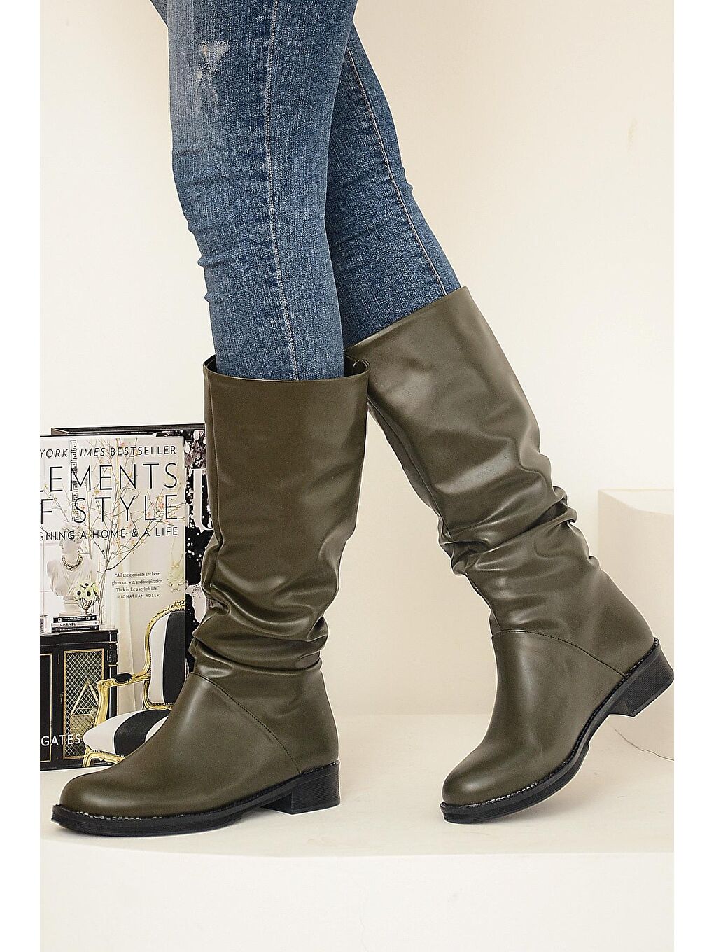 Haki Sıcak Astar Rahat Kalıp Büzgülü Kadın Çizme A112-20Cilt