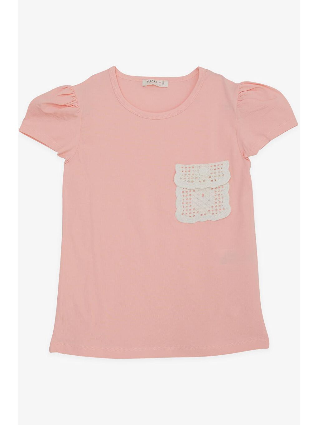 Pembe Kız Çocuk Tişört Cebi Örgü Detaylı Somon (6-12 Yaş)