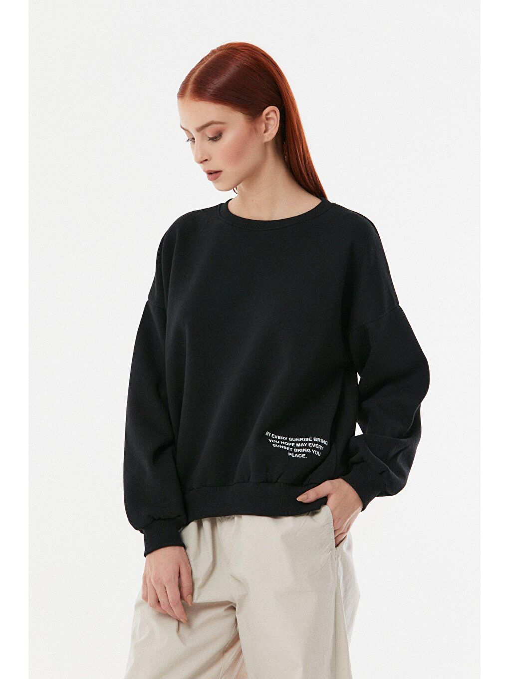 Siyah Baskılı Bisiklet Yaka Sweatshirt-3