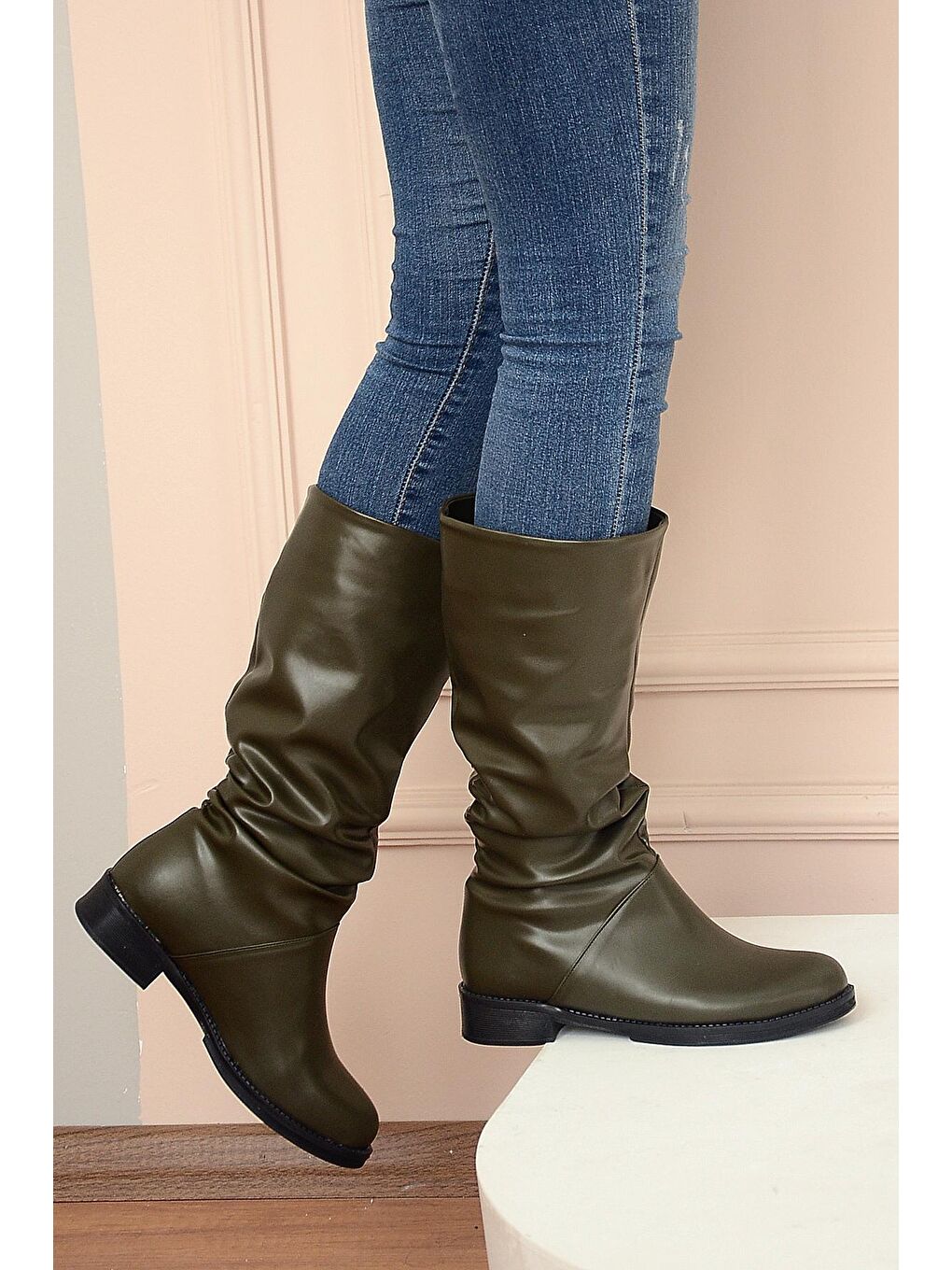 Haki Sıcak Astar Rahat Kalıp Büzgülü Kadın Çizme A112-20Cilt-1