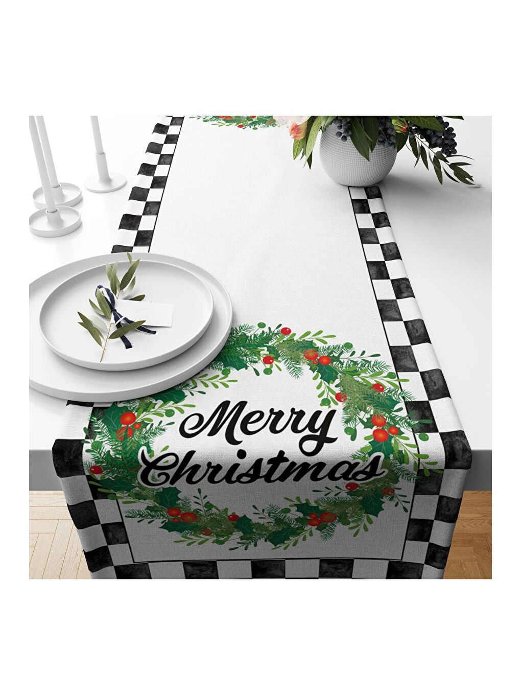 Karışık Yılbaşı Temalı Çiçek Çelengi Desenli Merry Christmas Yazılı Kadife Runner 40x140 cm