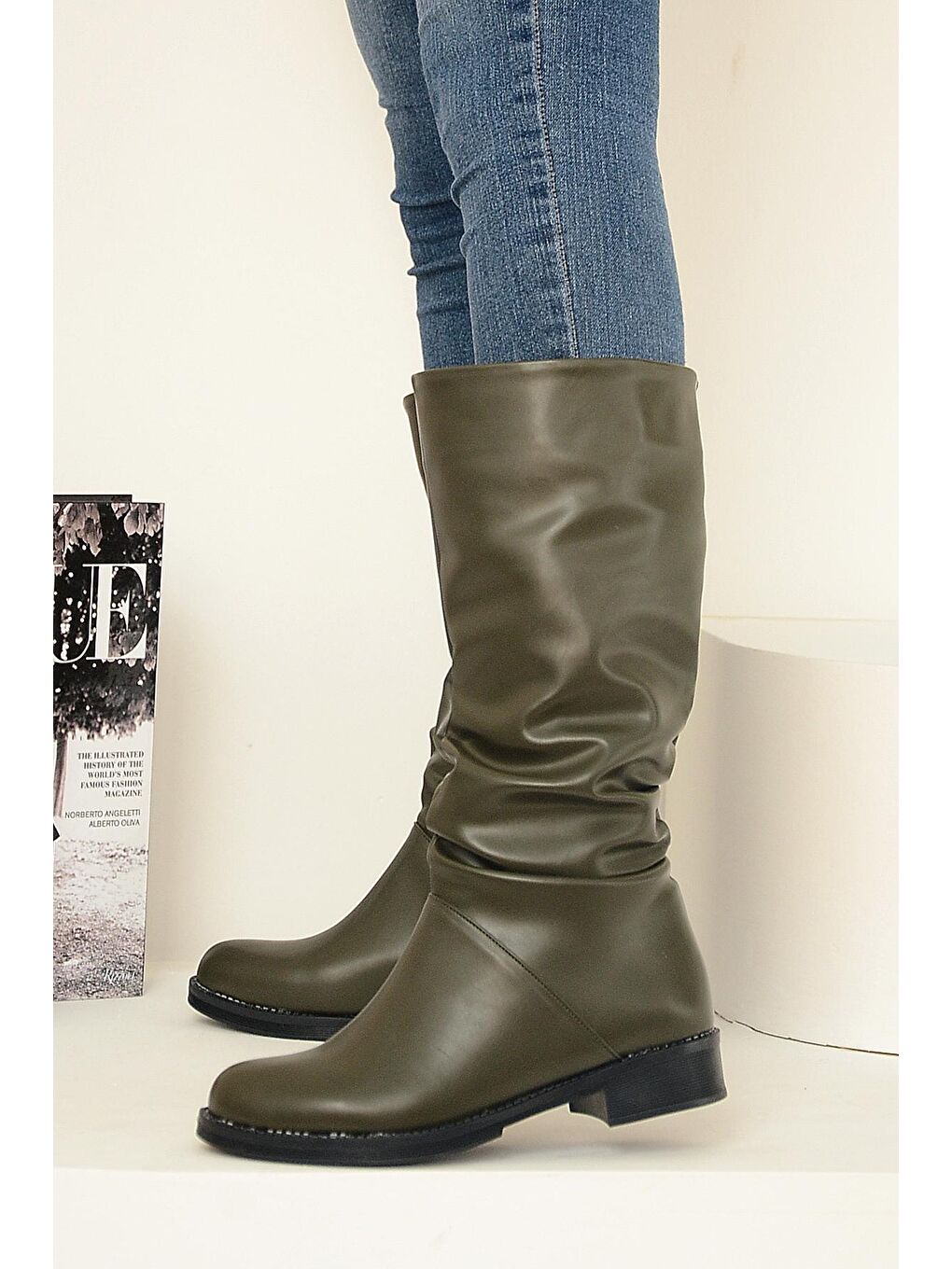 Haki Sıcak Astar Rahat Kalıp Büzgülü Kadın Çizme A112-20Cilt-2