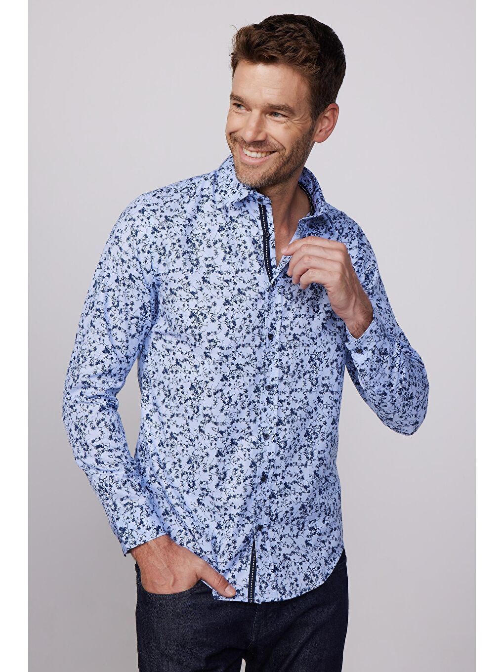 Slim Fit Dar Kesim Baskılı Oxford Doku Mavi Erkek Gömlek