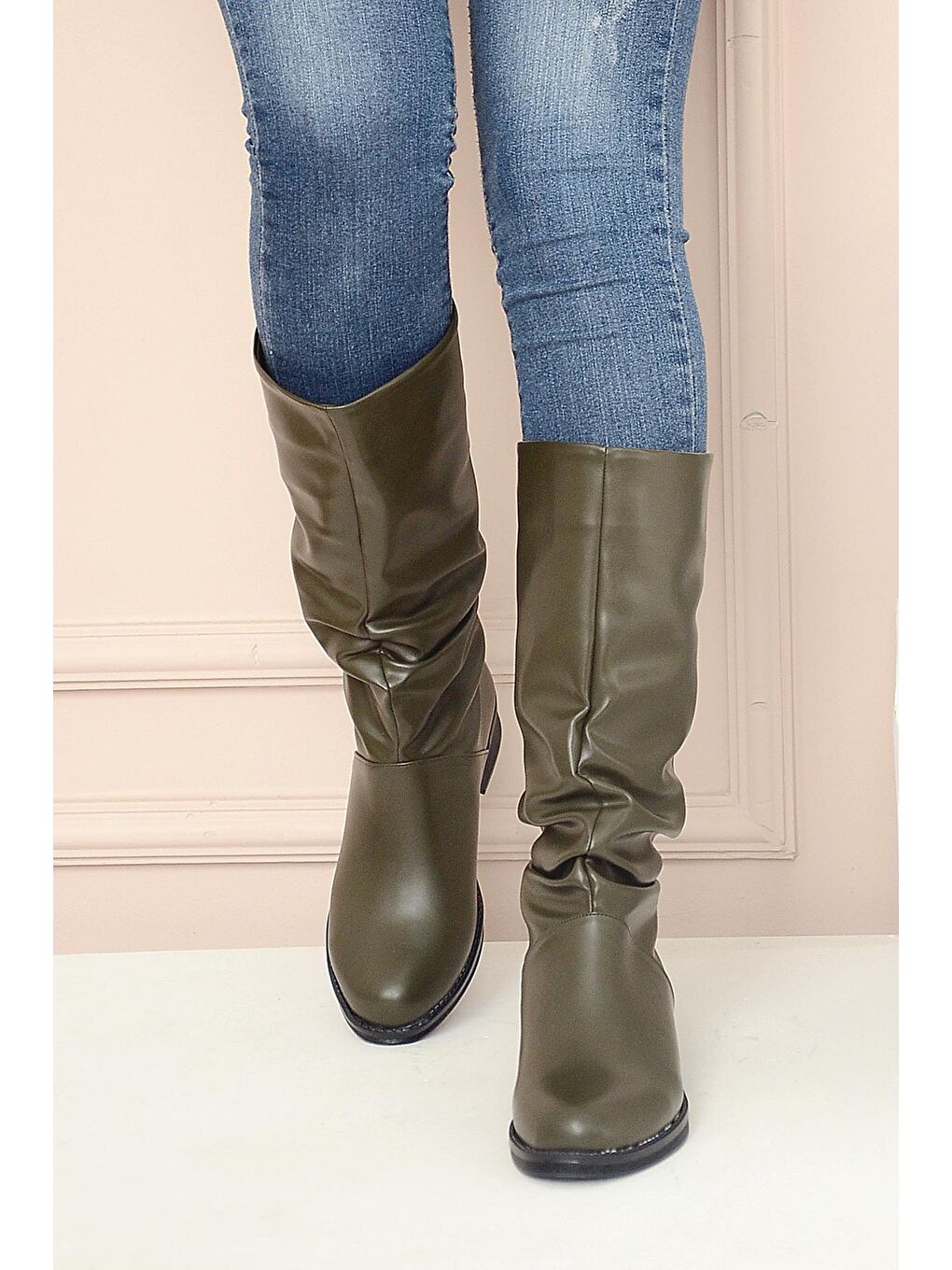 Haki Sıcak Astar Rahat Kalıp Büzgülü Kadın Çizme A112-20Cilt-3