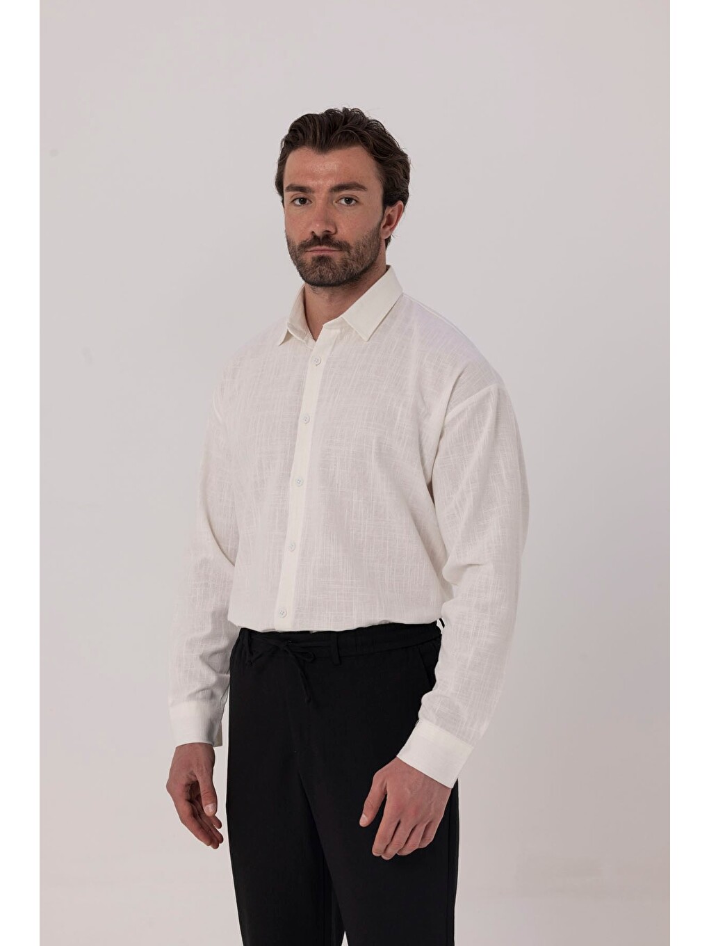 Beyaz Regular Fit Keten Görünümlü %100 Pamuk Gömlek-2