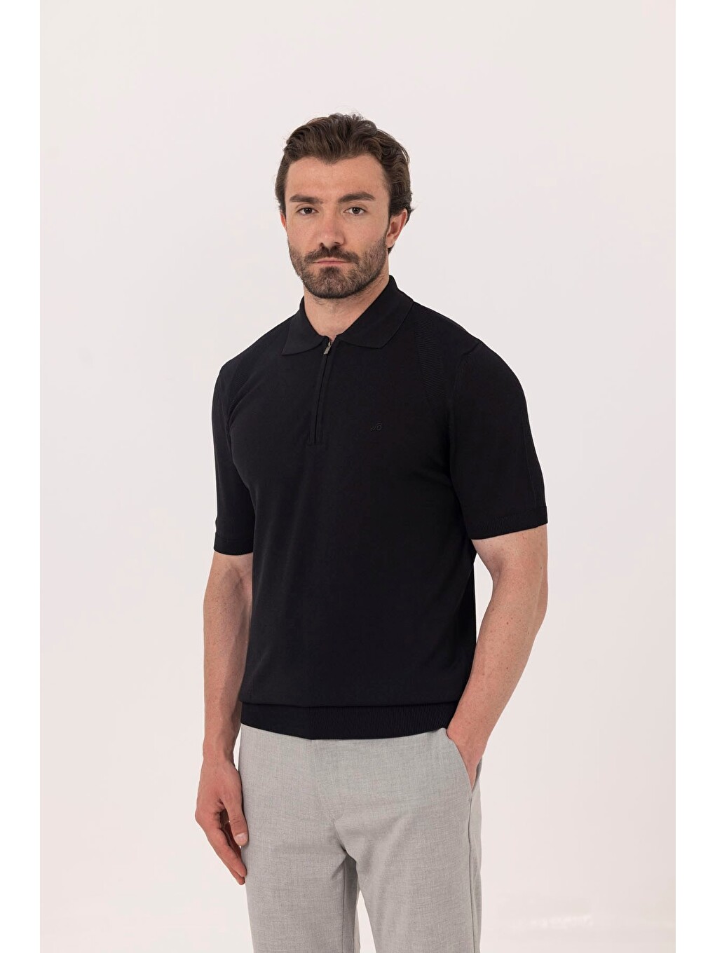 Siyah Reglan Fermuarlı Polo Yaka Triko T-shırt-1
