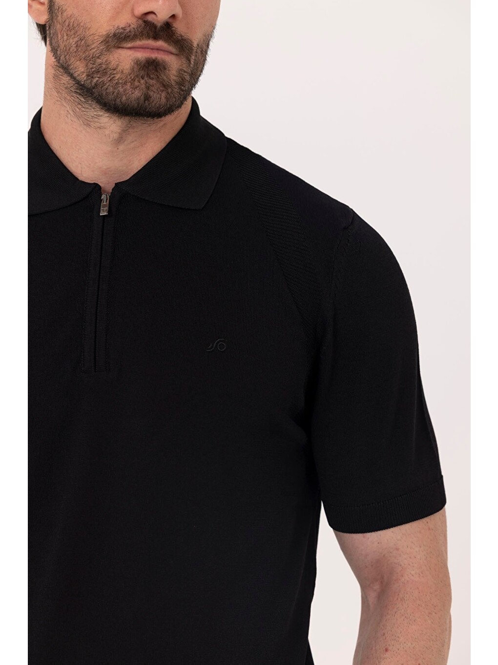 Siyah Reglan Fermuarlı Polo Yaka Triko T-shırt-2