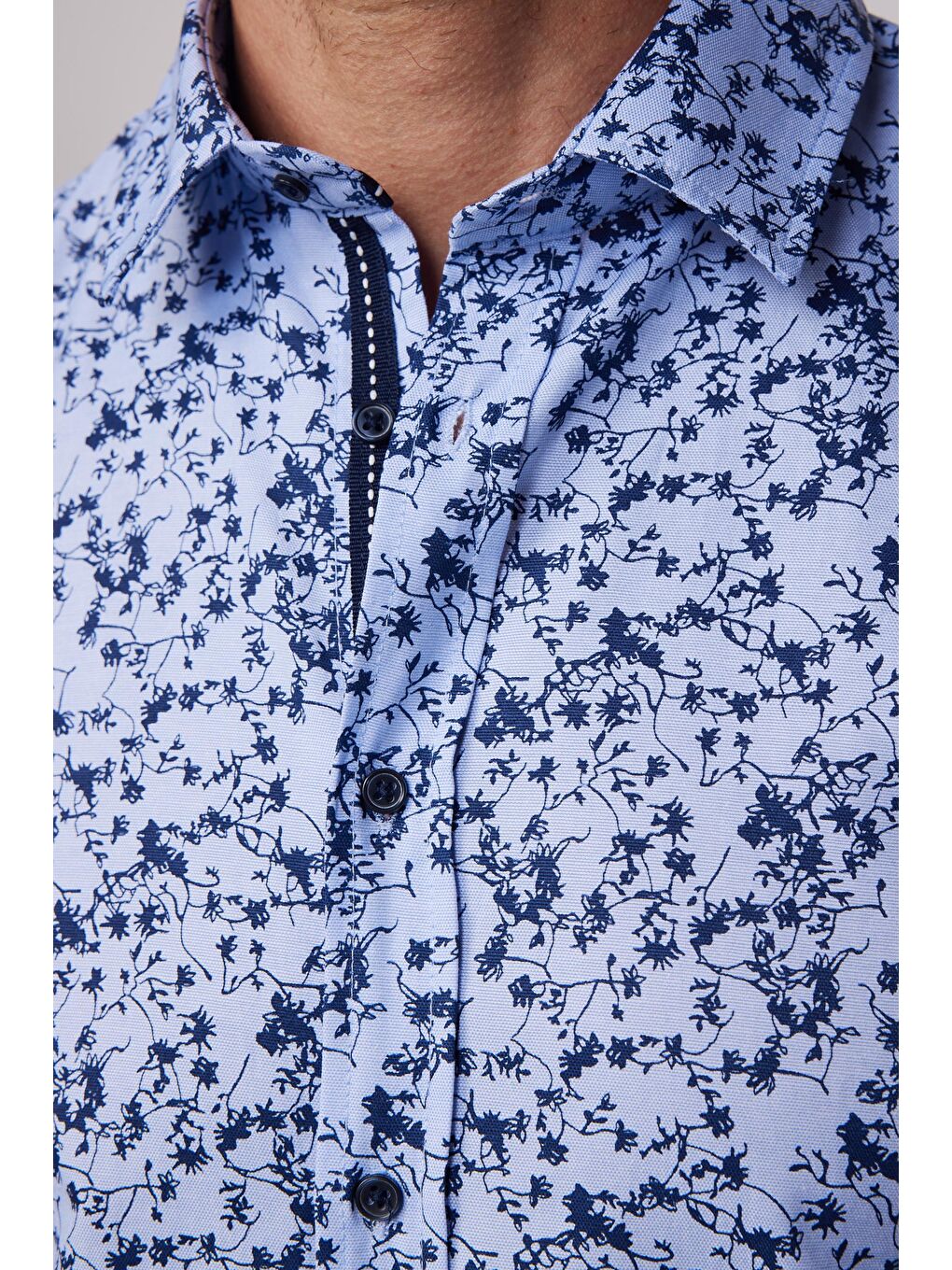 Slim Fit Dar Kesim Baskılı Oxford Doku Mavi Erkek Gömlek-3