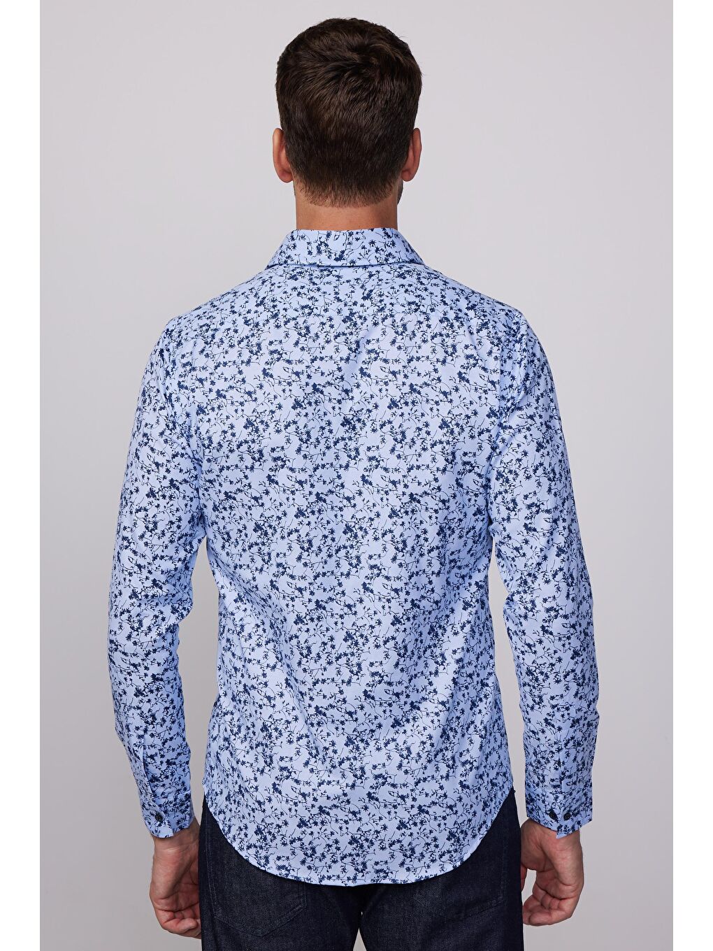 Slim Fit Dar Kesim Baskılı Oxford Doku Mavi Erkek Gömlek-4