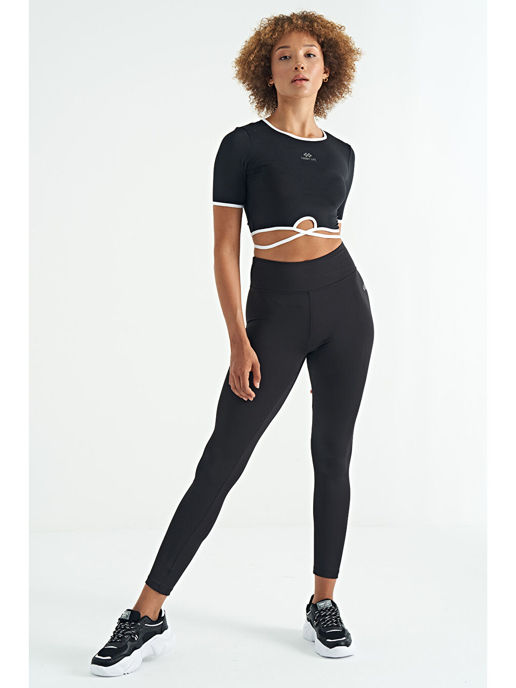 Siyah Logo Baskı Detaylı Yüksek Bel Dalgıç Kumaş Slim Fit Kadın Tayt - 94627-4