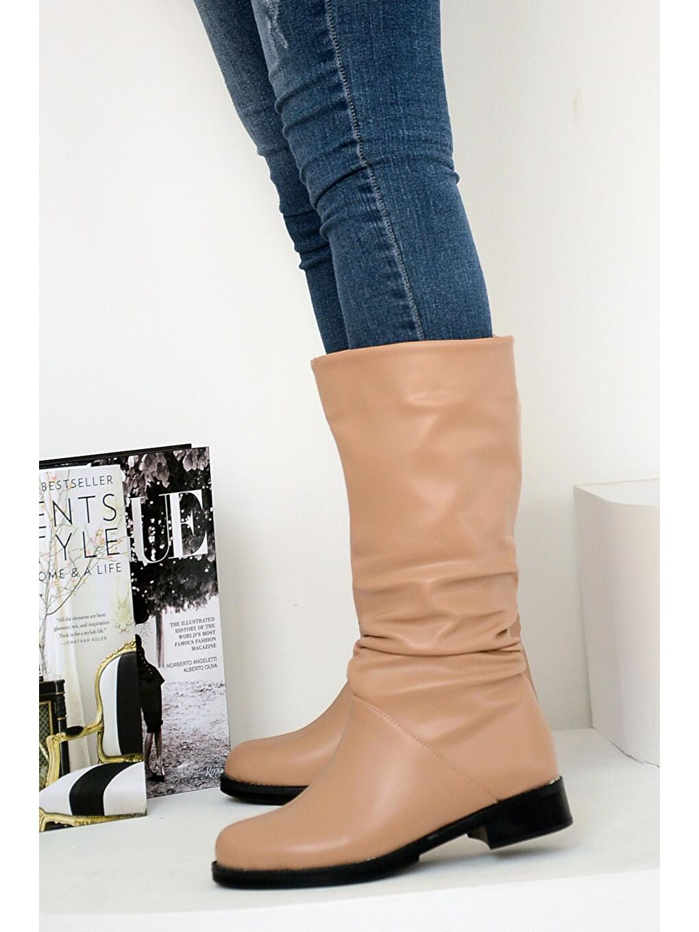 Bej Sıcak Astar Rahat Kalıp Büzgülü Kadın Çizme A112-20Cilt