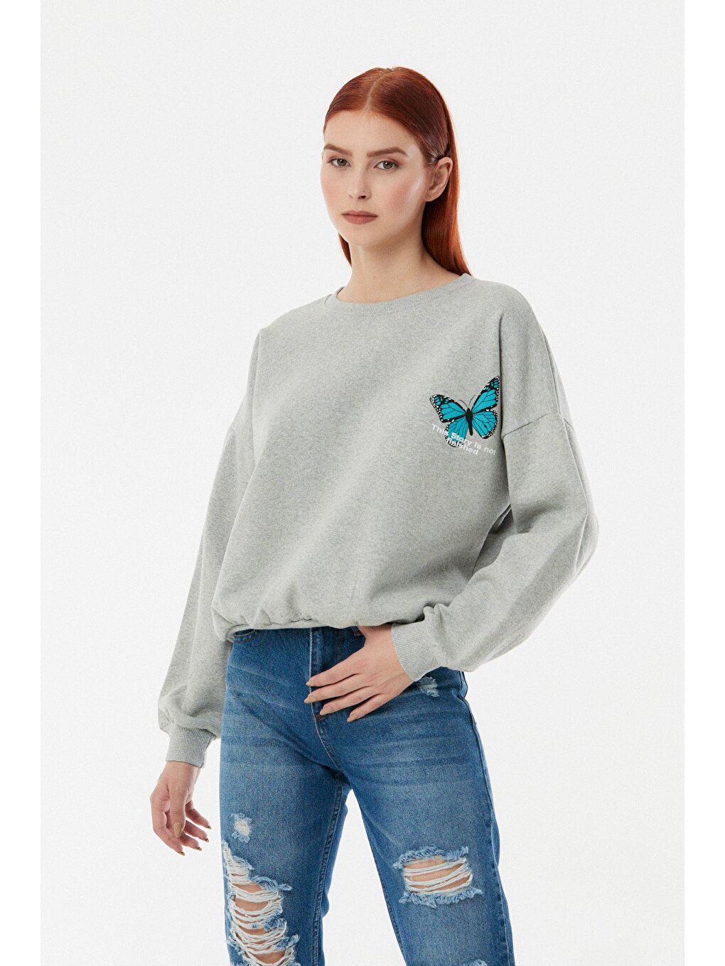Gri Kelebek Baskılı Oversize Sweatshirt