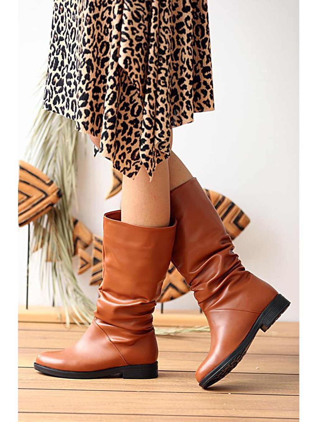Kahverengi Sıcak Astar Rahat Kalıp Büzgülü Kadın Çizme A112-20Cilt-2