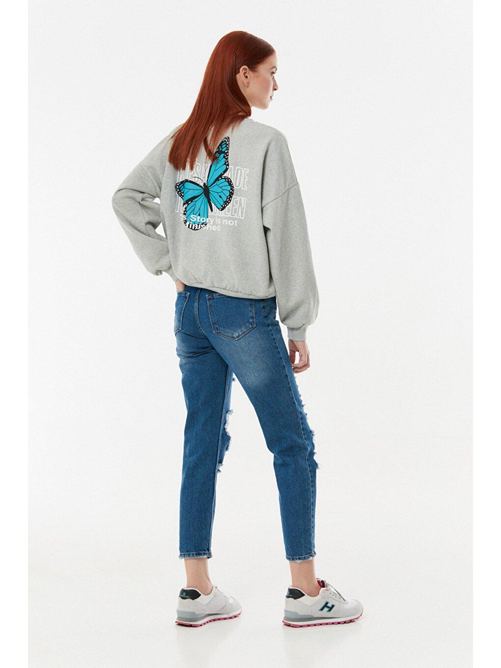 Gri Kelebek Baskılı Oversize Sweatshirt-2