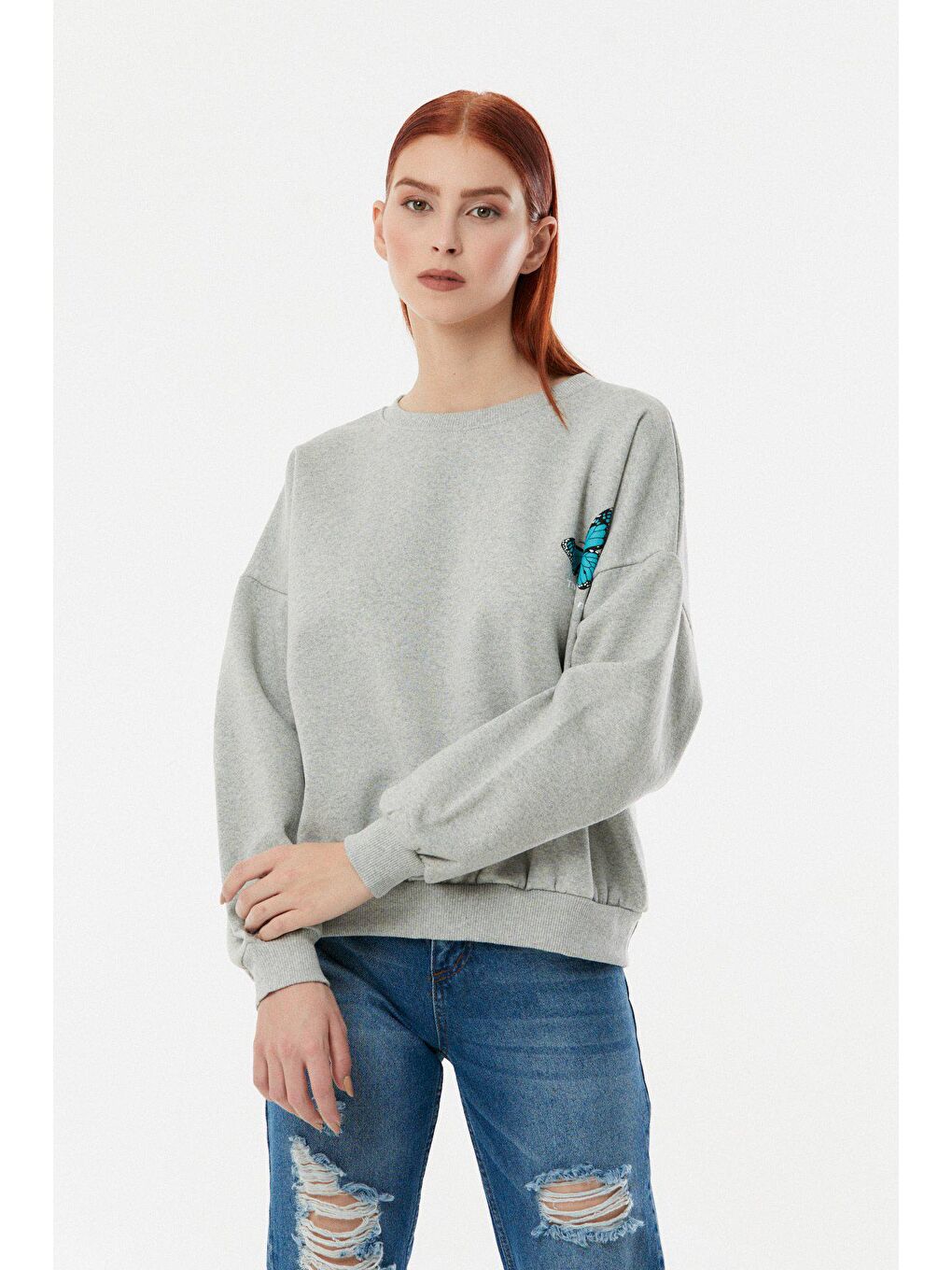 Gri Kelebek Baskılı Oversize Sweatshirt-4
