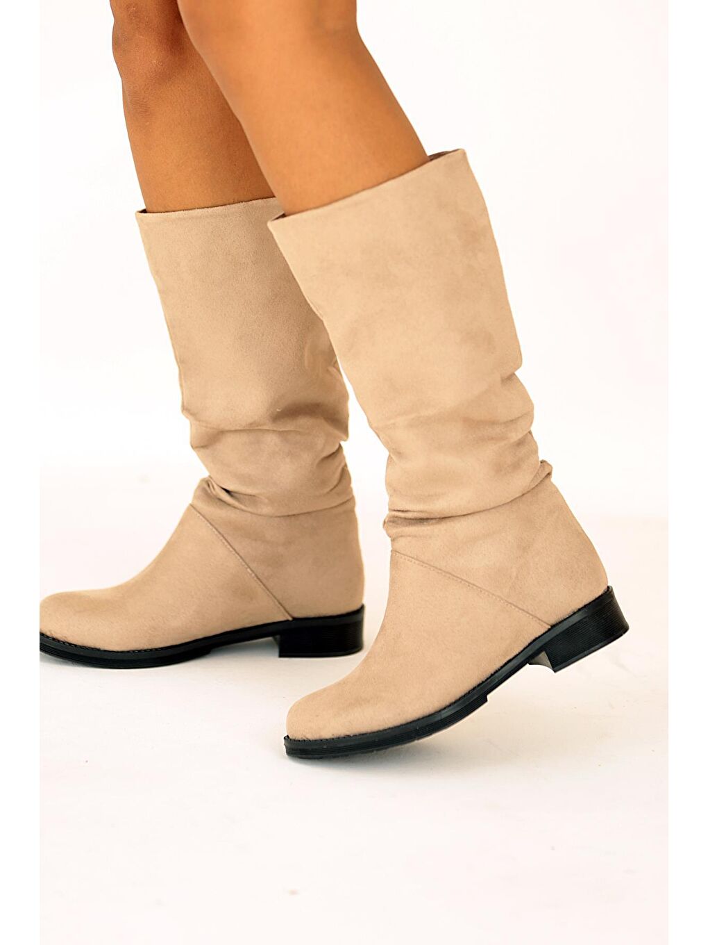 Ekru Sıcak Astar Rahat Kalıp Büzgülü Kadın Çizme A112-20Süet-2