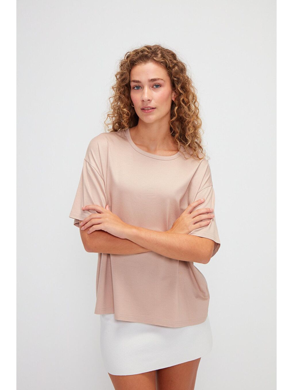 Ekru Bisiklet Yaka Basic Düz Renk Kısa Kollu Tişört-2