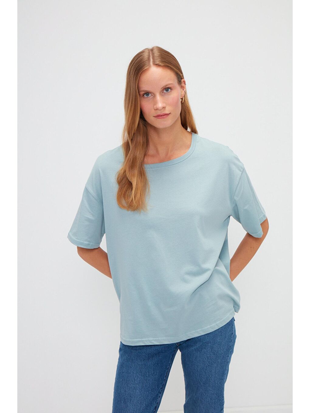 Turkuaz Bisiklet Yaka Basic Düz Renk Kısa Kollu Tişört