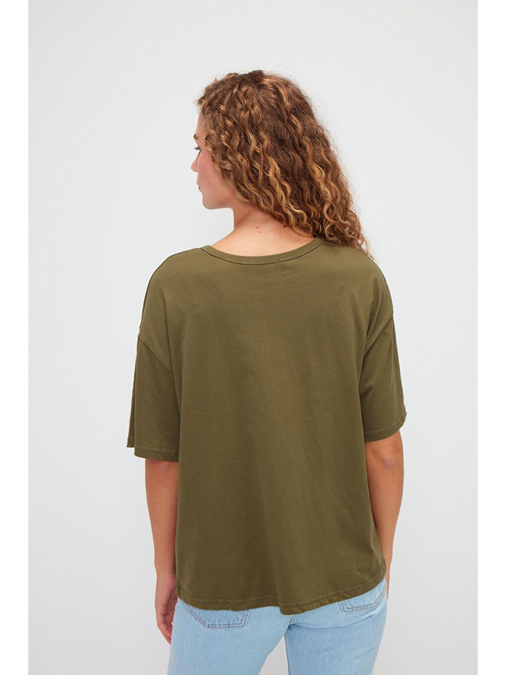 Haki Bisiklet Yaka Basic Düz Renk Kısa Kollu Tişört-2