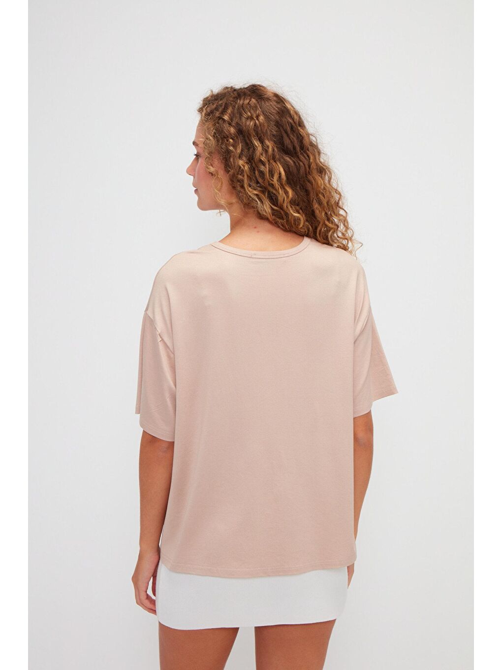 Ekru Bisiklet Yaka Basic Düz Renk Kısa Kollu Tişört-3