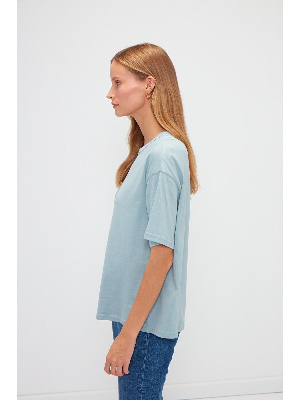 Turkuaz Bisiklet Yaka Basic Düz Renk Kısa Kollu Tişört-2