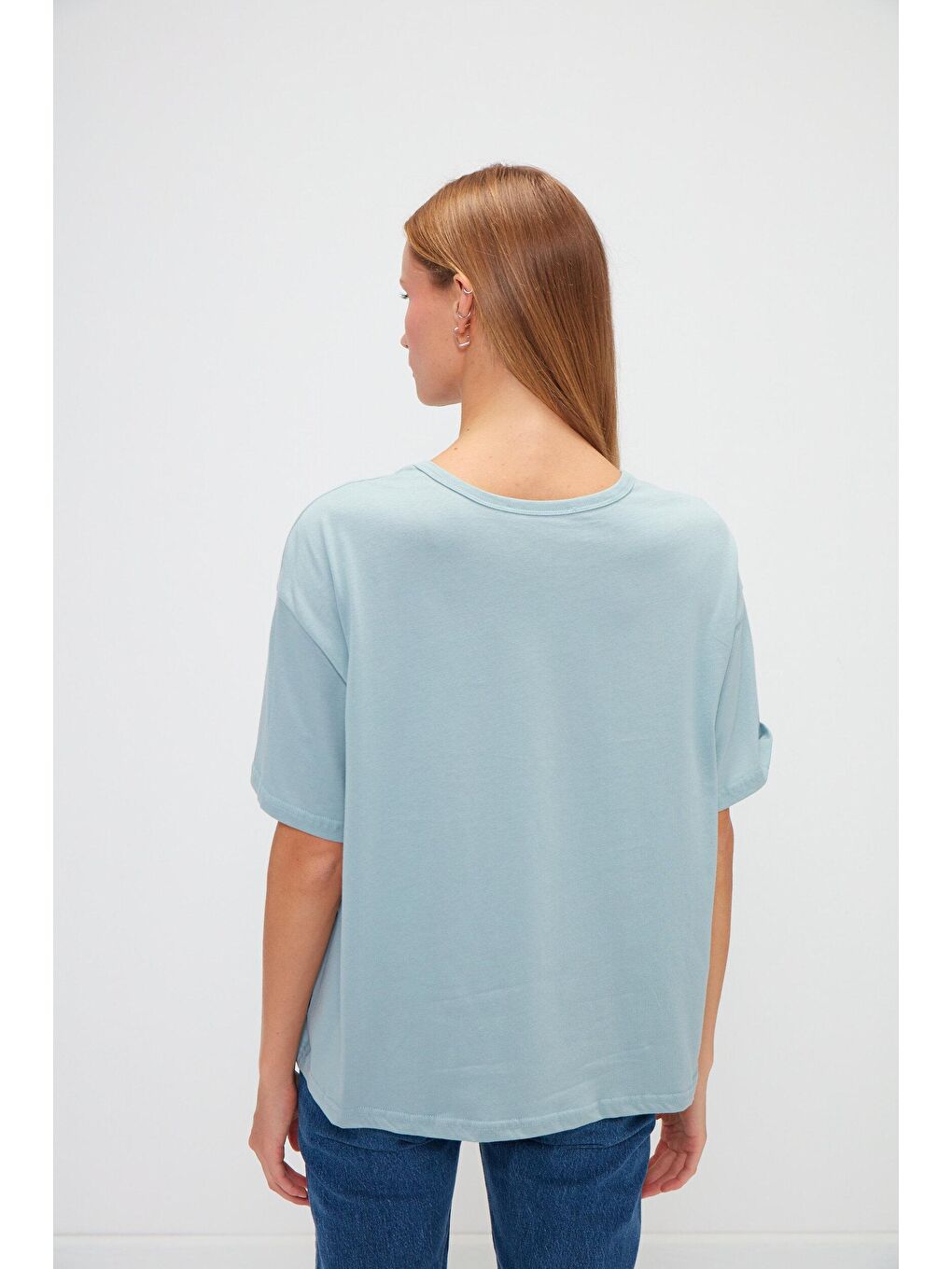 Turkuaz Bisiklet Yaka Basic Düz Renk Kısa Kollu Tişört-3