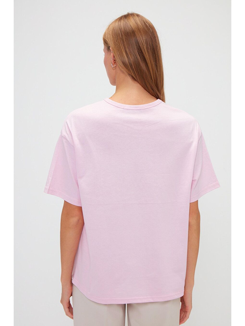 Pembe Bisiklet Yaka Basic Düz Renk Kısa Kollu Tişört-2