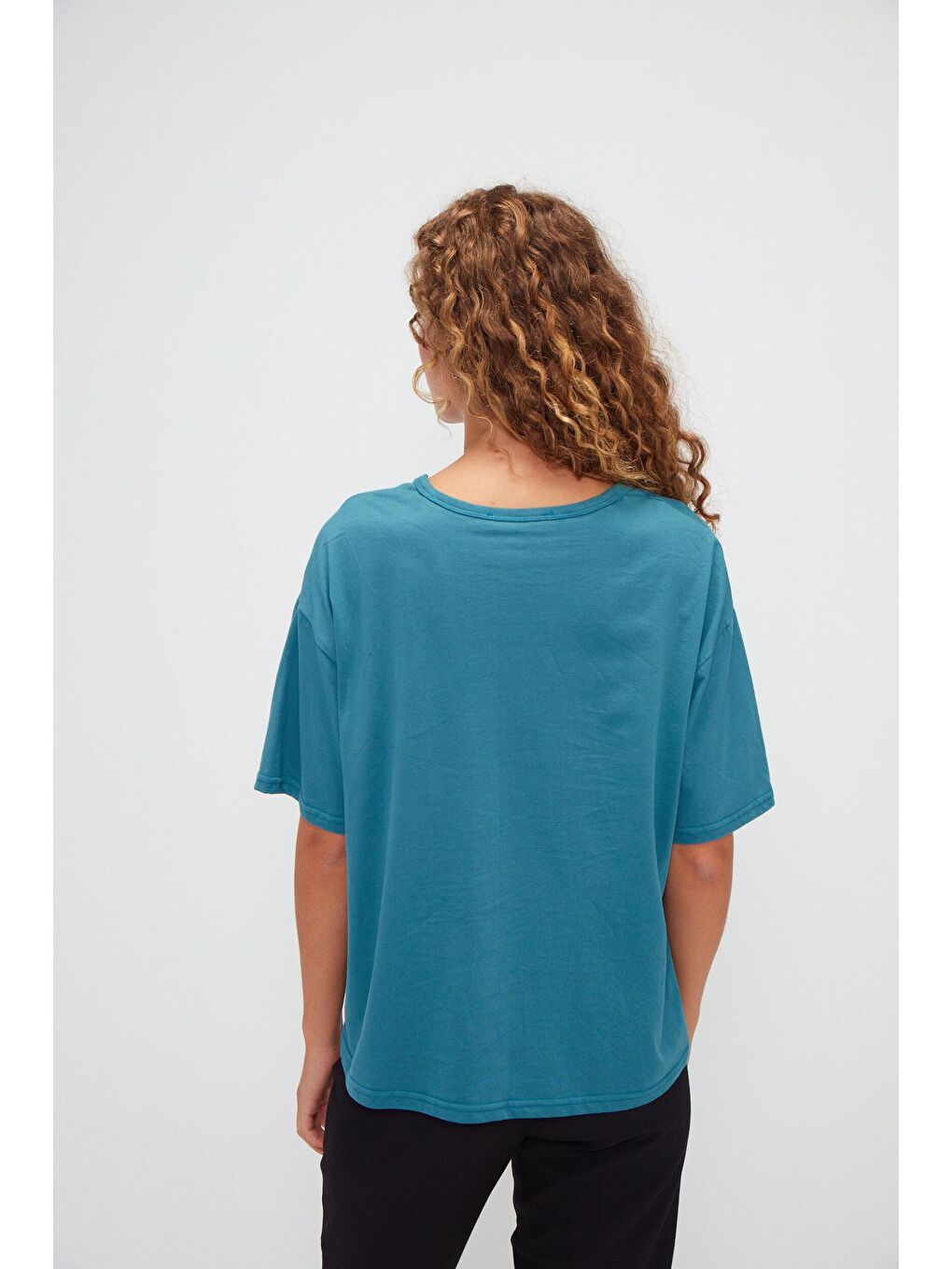 Turkuaz Bisiklet Yaka Basic Düz Renk Kısa Kollu Tişört-2