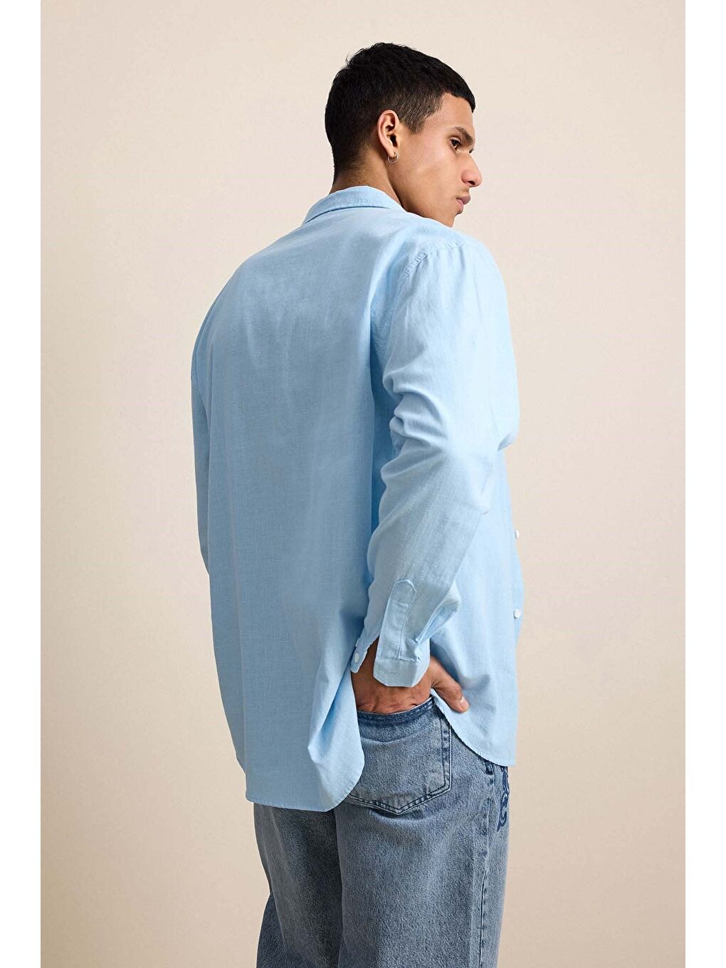 Erkek Relax Fit Rahat Kesim İnce Gömlek Açık Mavi-6