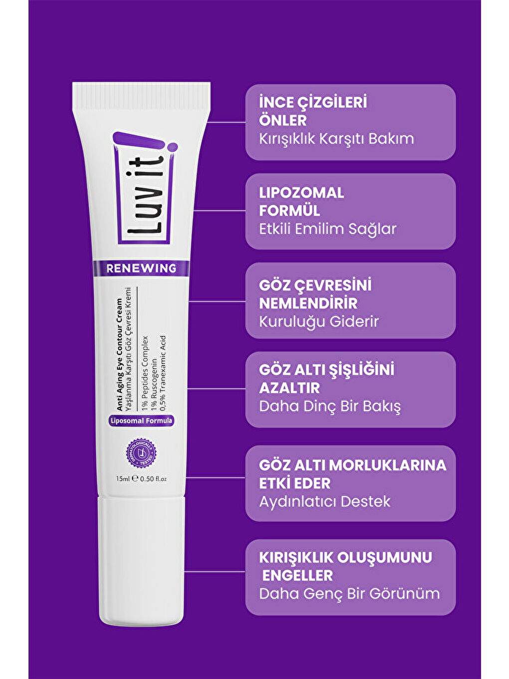 Yaşlanma Göz Altı Morluk Şişlik Karşıtı Göz Çevresi Kremi (PEPTİDES-RUSCOGENİN-TRANEXAMİC ACİD) 15ml-3