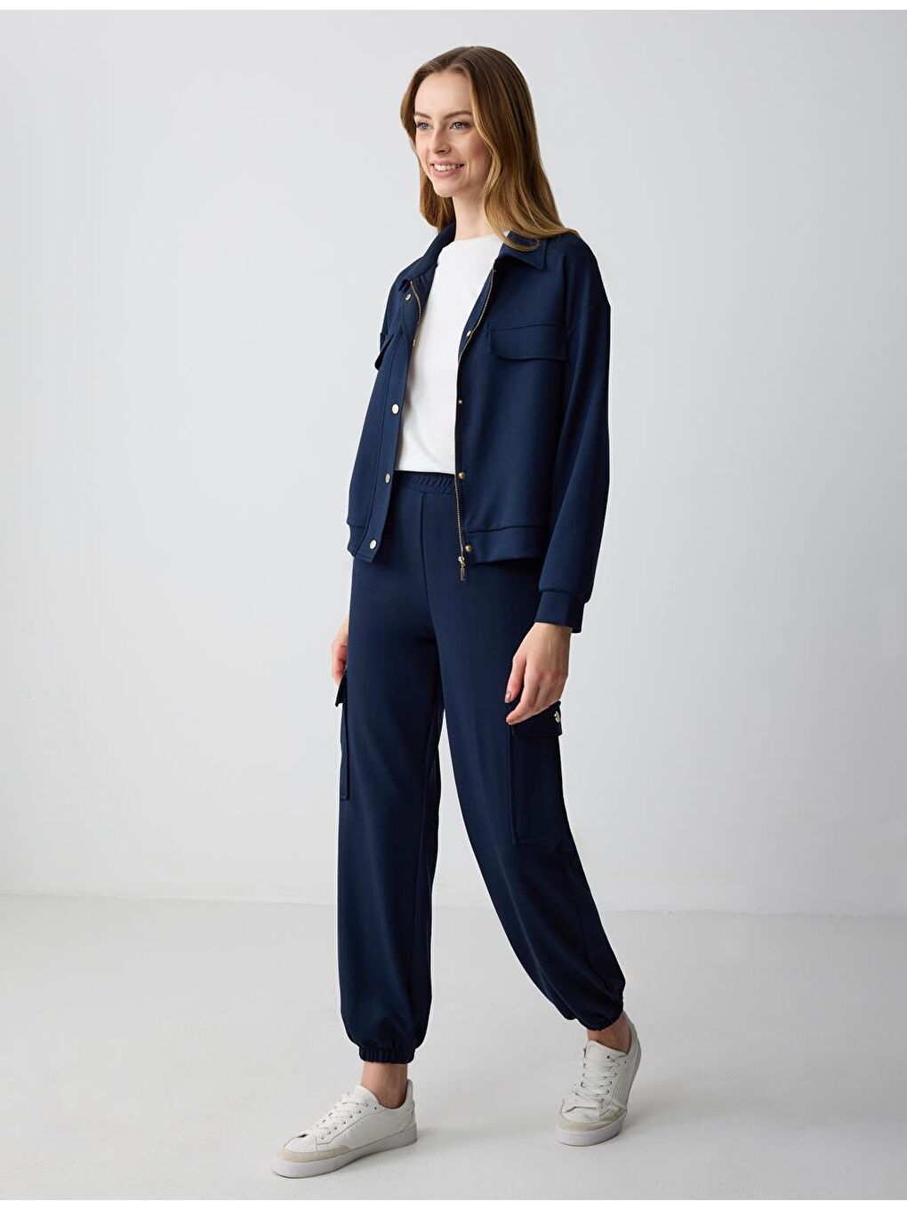 Lacivert Rahat Kesim Yüksek Bel Modal Örme Pantolon-1