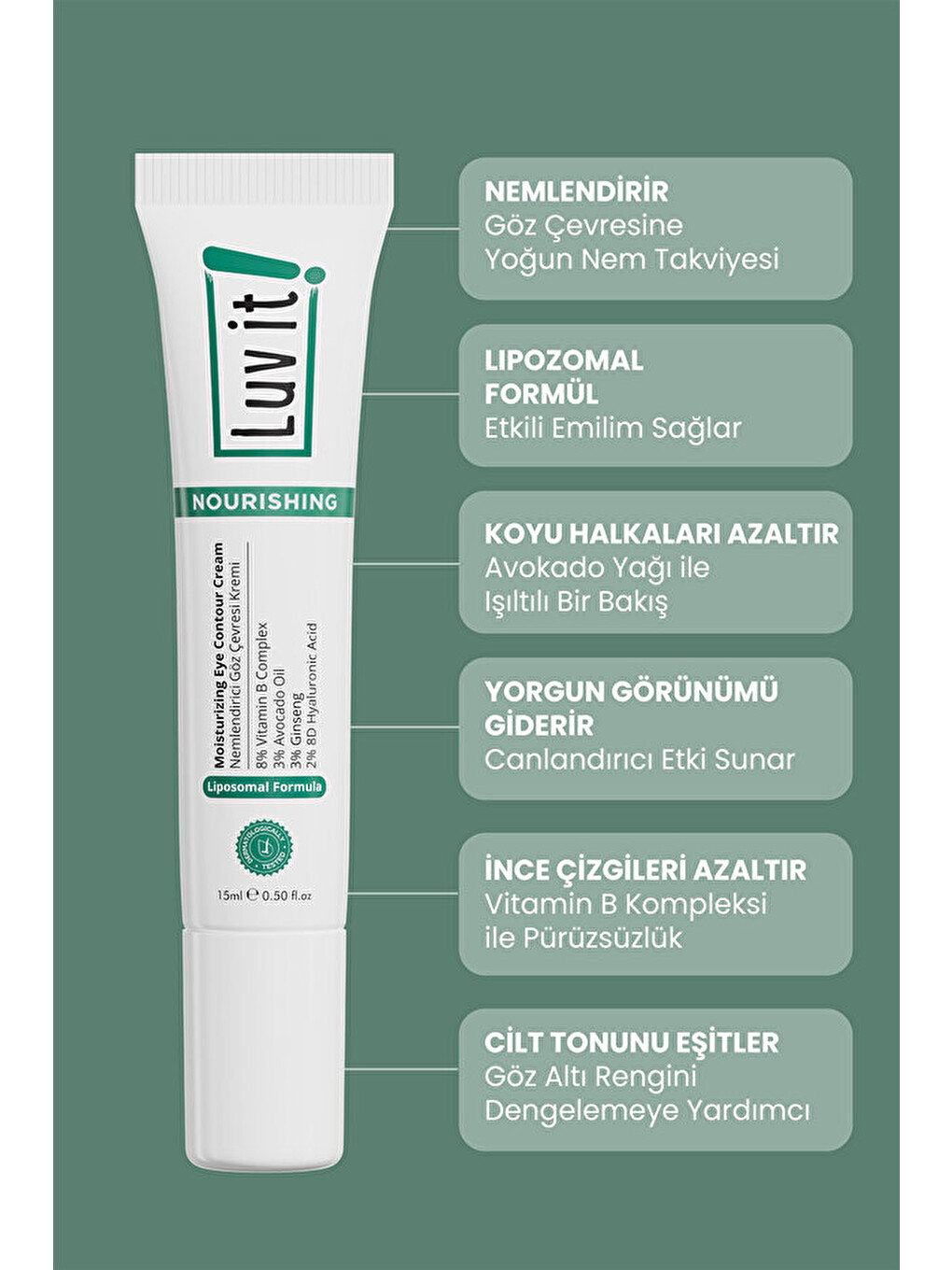 Avokado İçeren Yoğun Nemlendirici, Göz Altı Morluk Ve Şişlik Karşıtı Göz Çevresi Kremi 15ml-3