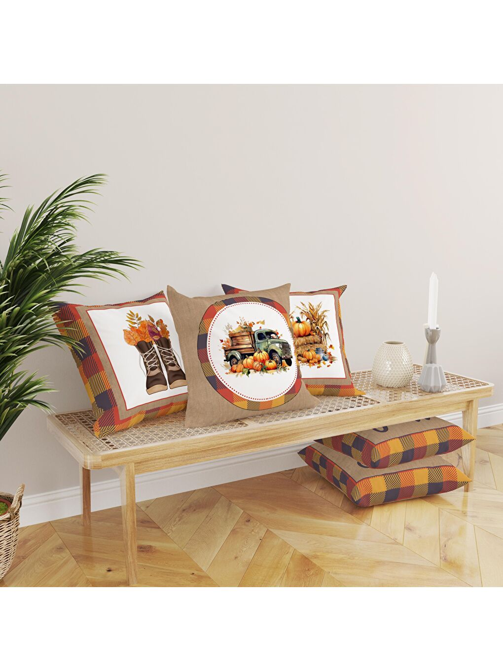 Karışık Çift Taraf Baskılı Kadife Doku Sonbahar Ve Kabak Desenli 4'lü Kırlent Seti