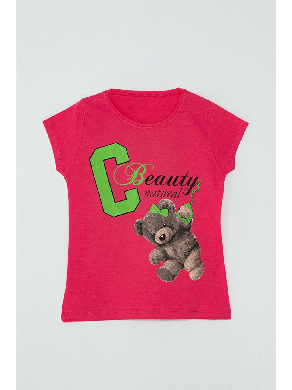 Pembe S Yaka Yazı Baskılı Kız Çocuk Tişört