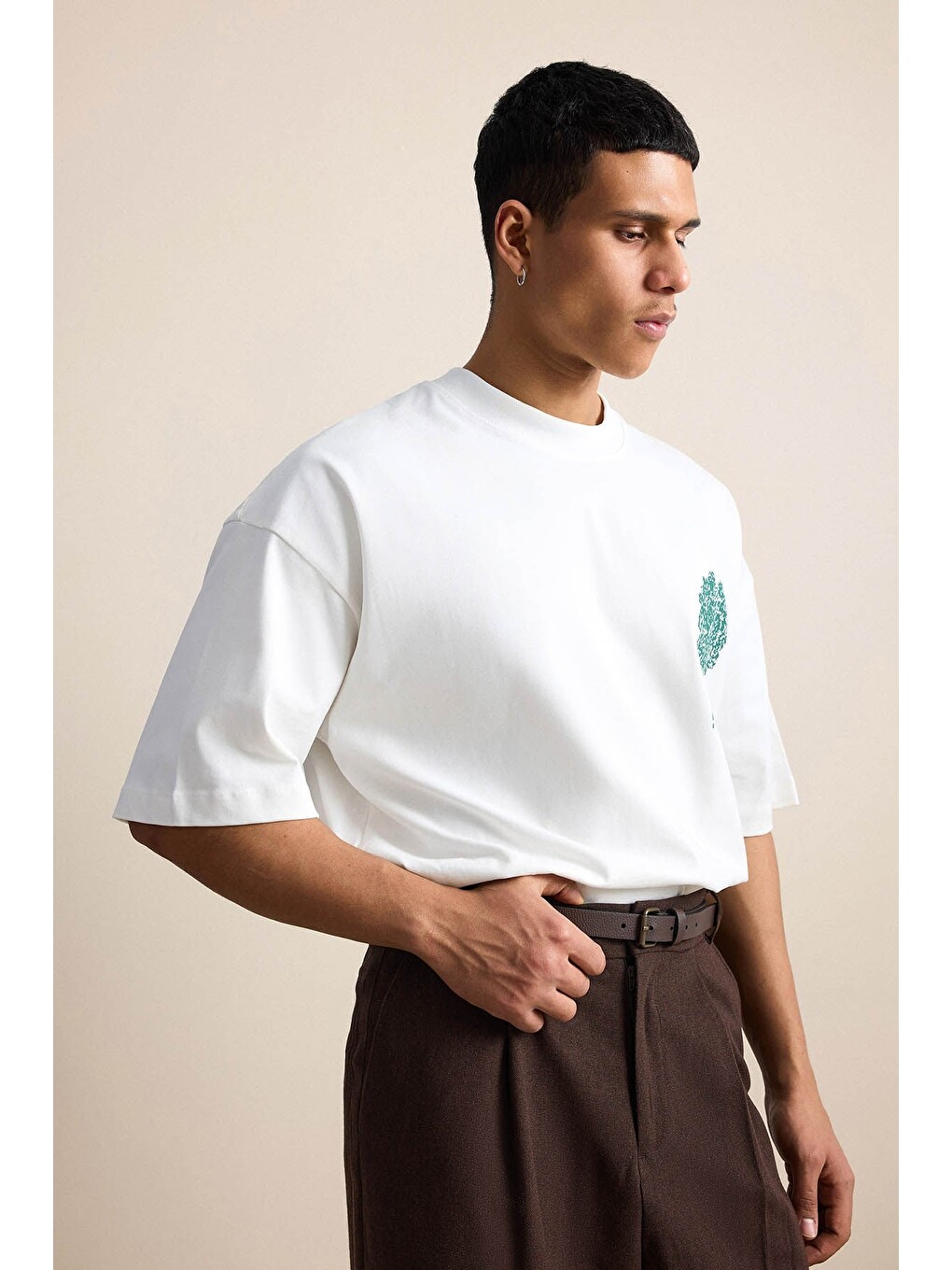 Erkek Süper Oversize %100 Pamuk Nature Baskılı Tişört Ekru-2
