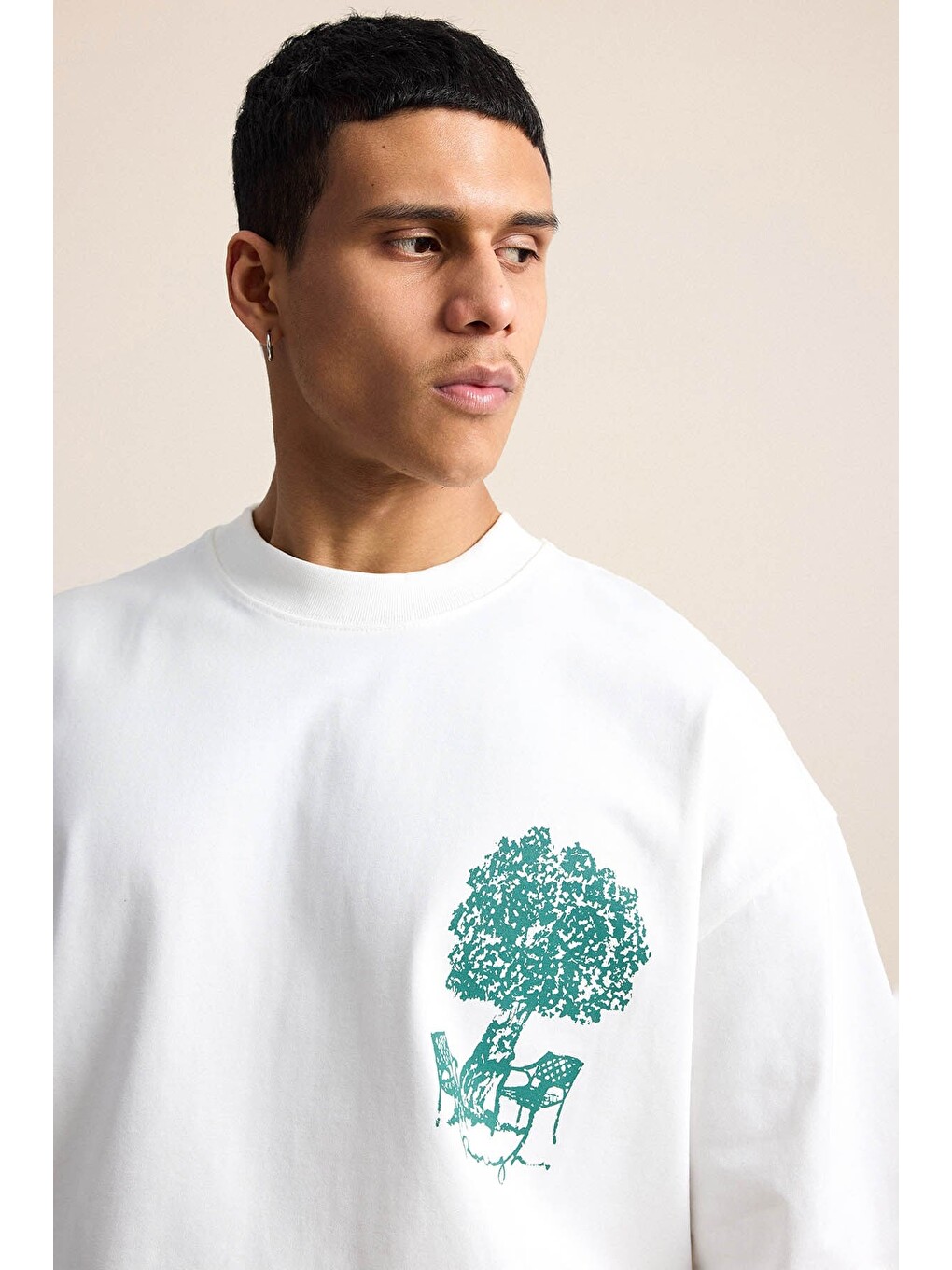 Erkek Süper Oversize %100 Pamuk Nature Baskılı Tişört Ekru-3