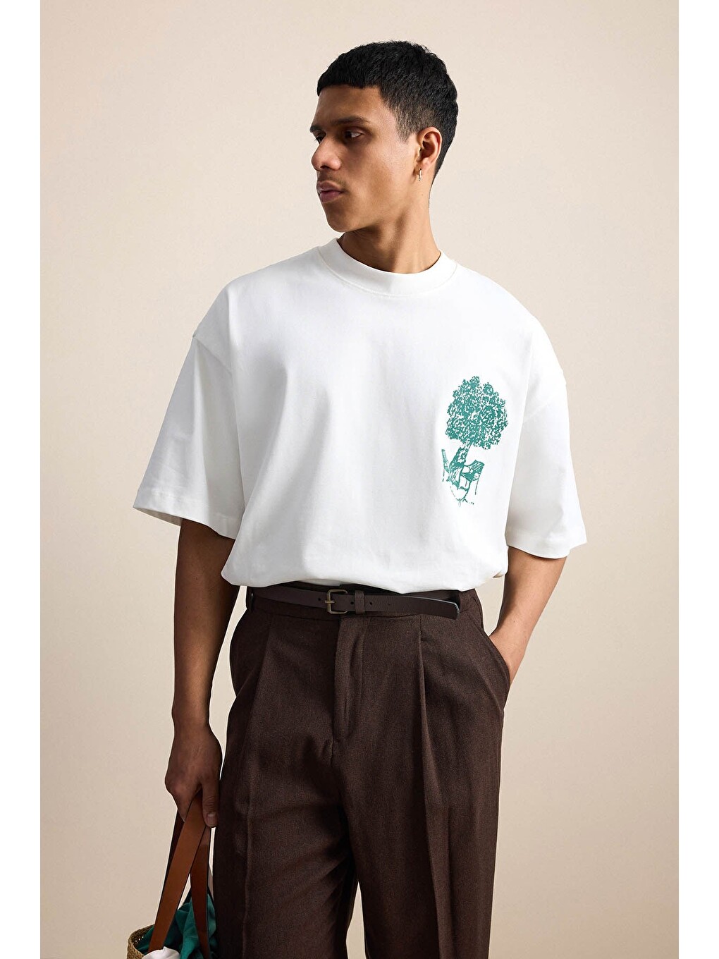 Erkek Süper Oversize %100 Pamuk Nature Baskılı Tişört Ekru-4