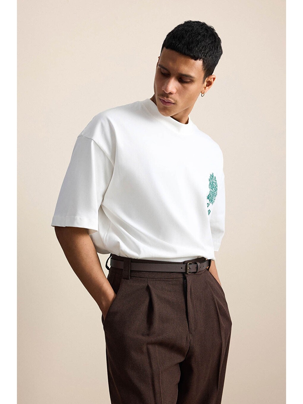 Erkek Süper Oversize %100 Pamuk Nature Baskılı Tişört Ekru-5