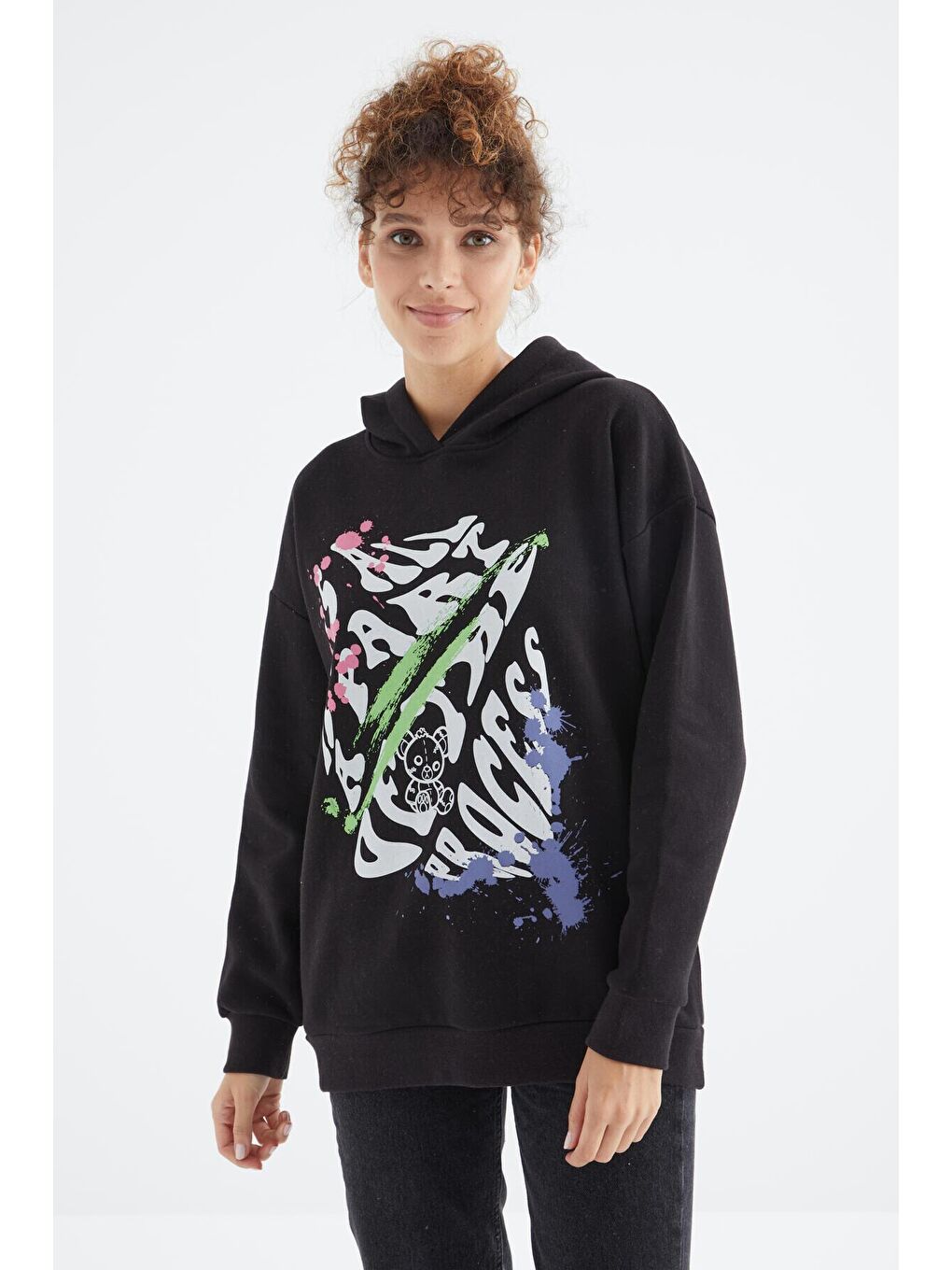 Kadın Siyah Kapüşonlu Baskılı Oversize Sweatshirt-2