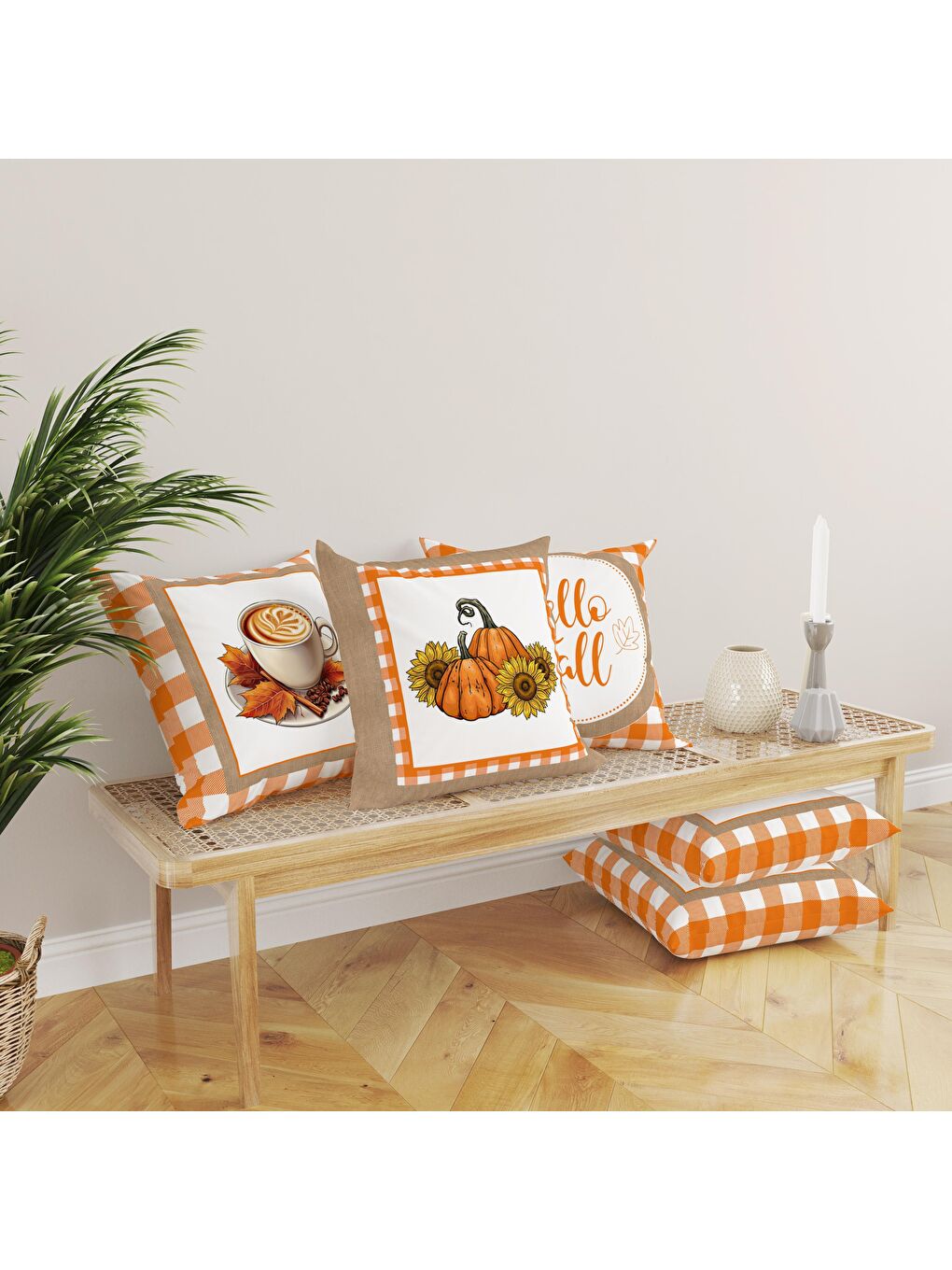 Karışık Çift Taraf Baskılı Kadife Doku Sonbahar Ve Kabak Desenli 4'lü Kırlent Seti