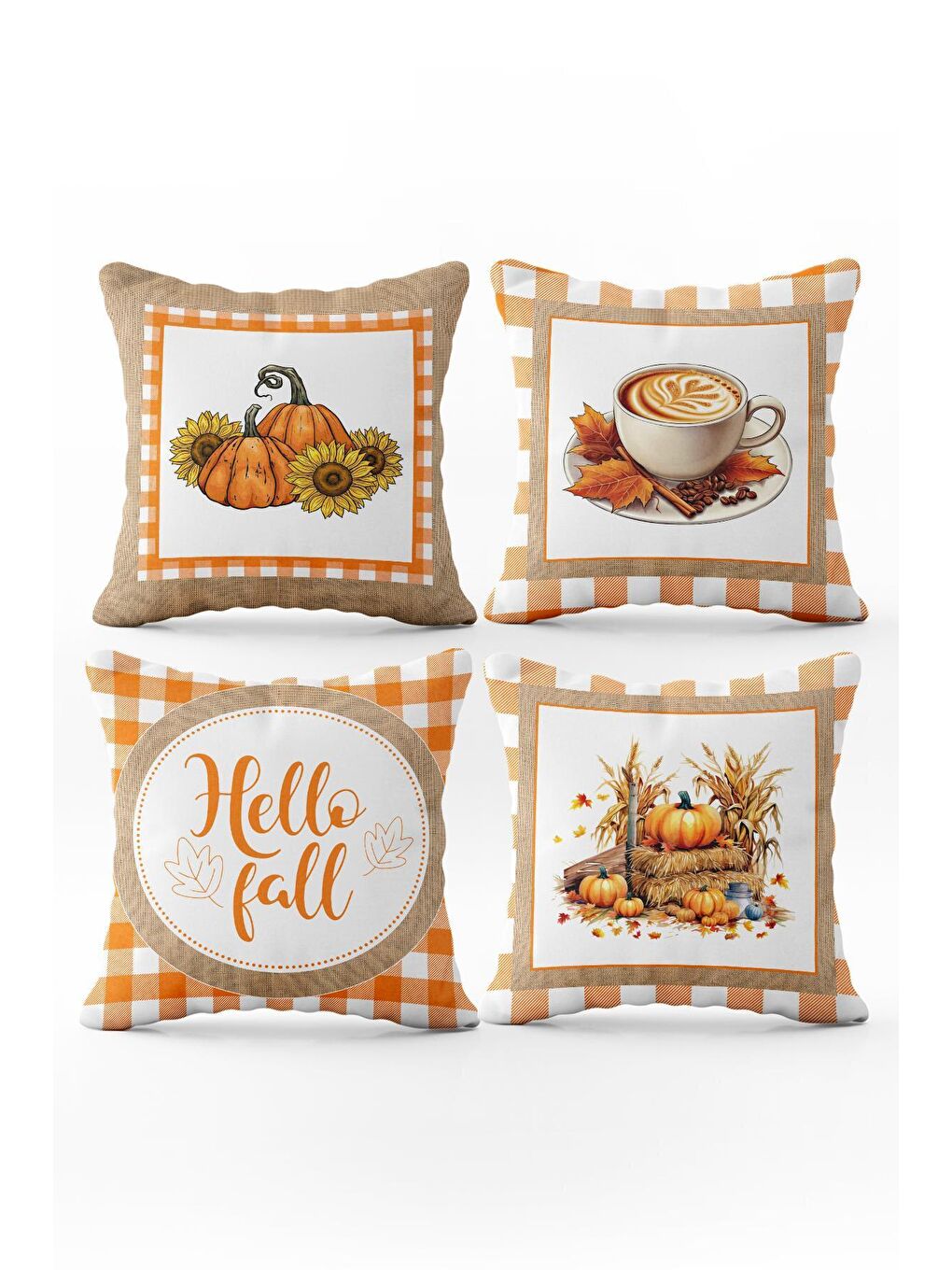 Karışık Çift Taraf Baskılı Kadife Doku Sonbahar Ve Kabak Desenli 4'lü Kırlent Seti-1