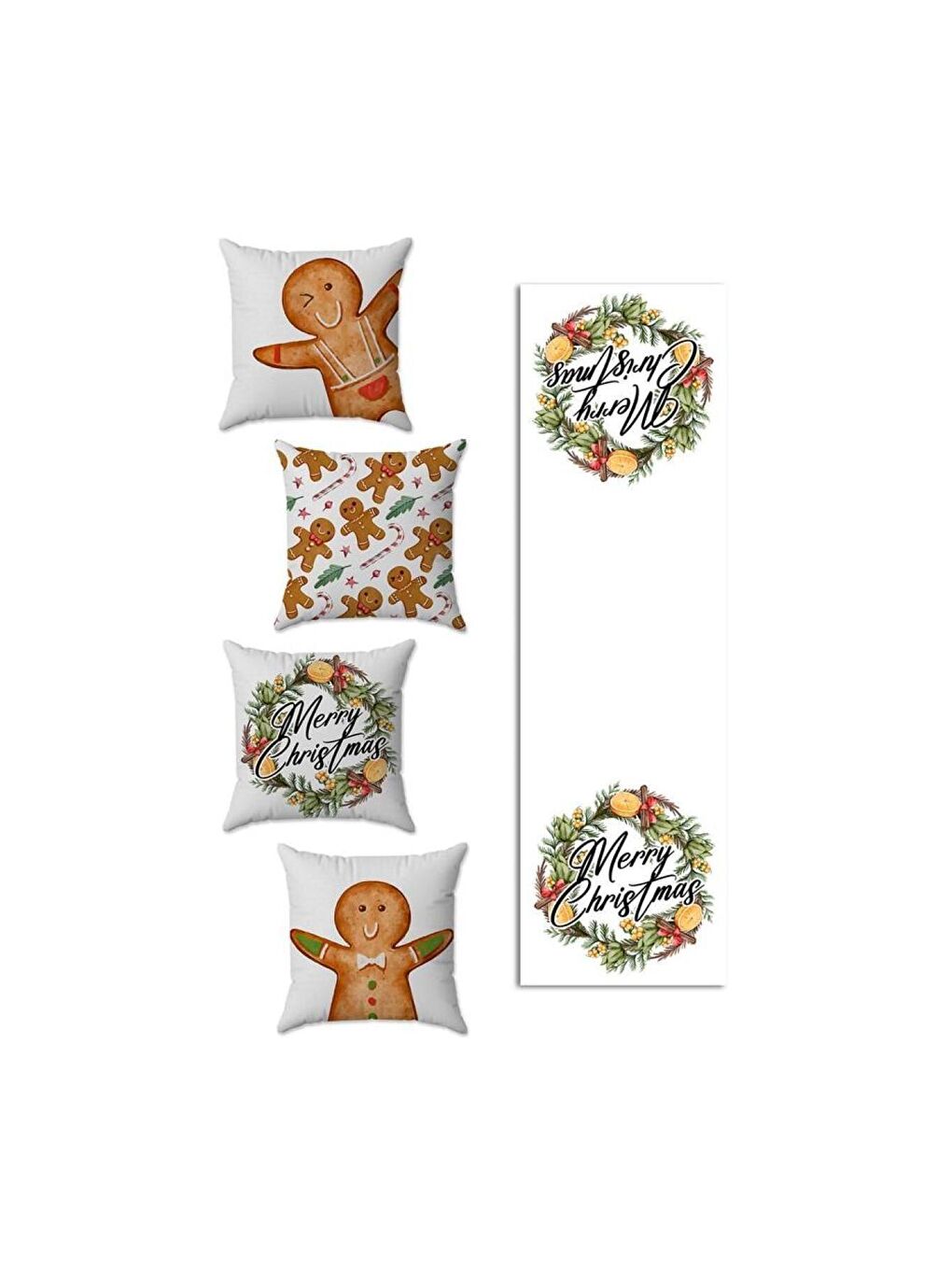 Karışık Yılbaşı Temalı 4lü Kırlent Kılıfı Ve Runner 5li Set 40x140 cm