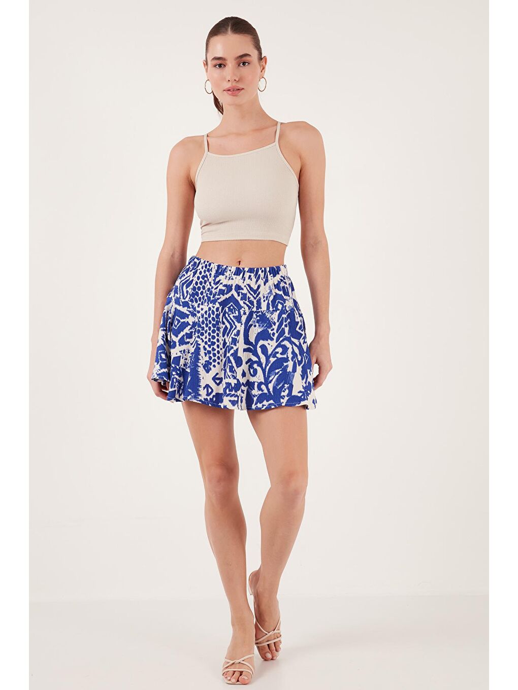 Mavi Desenli Beli Lastikli Mini Şort Etek 5865722-5