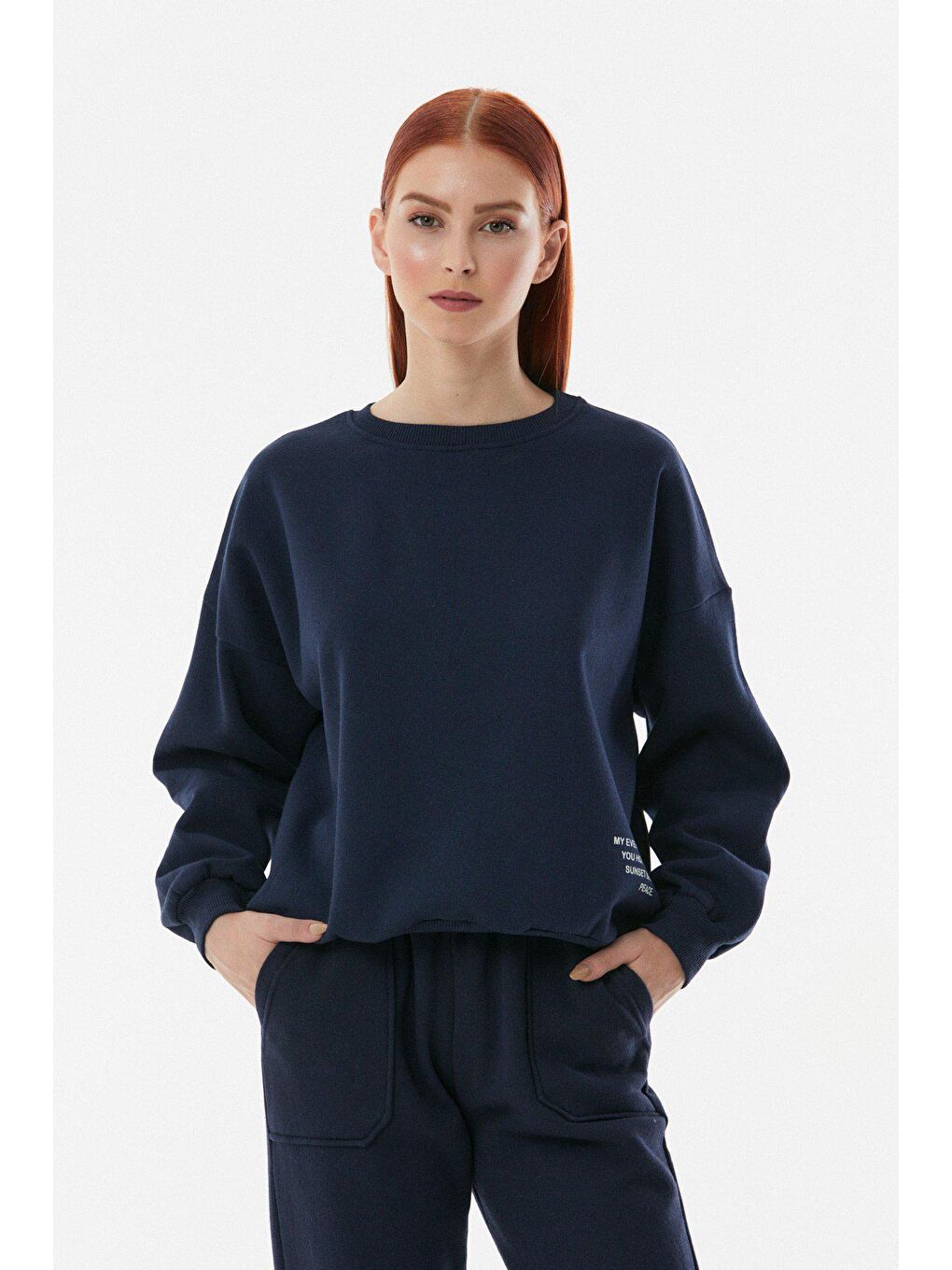 Lacivert Baskılı Bisiklet Yaka Sweatshirt