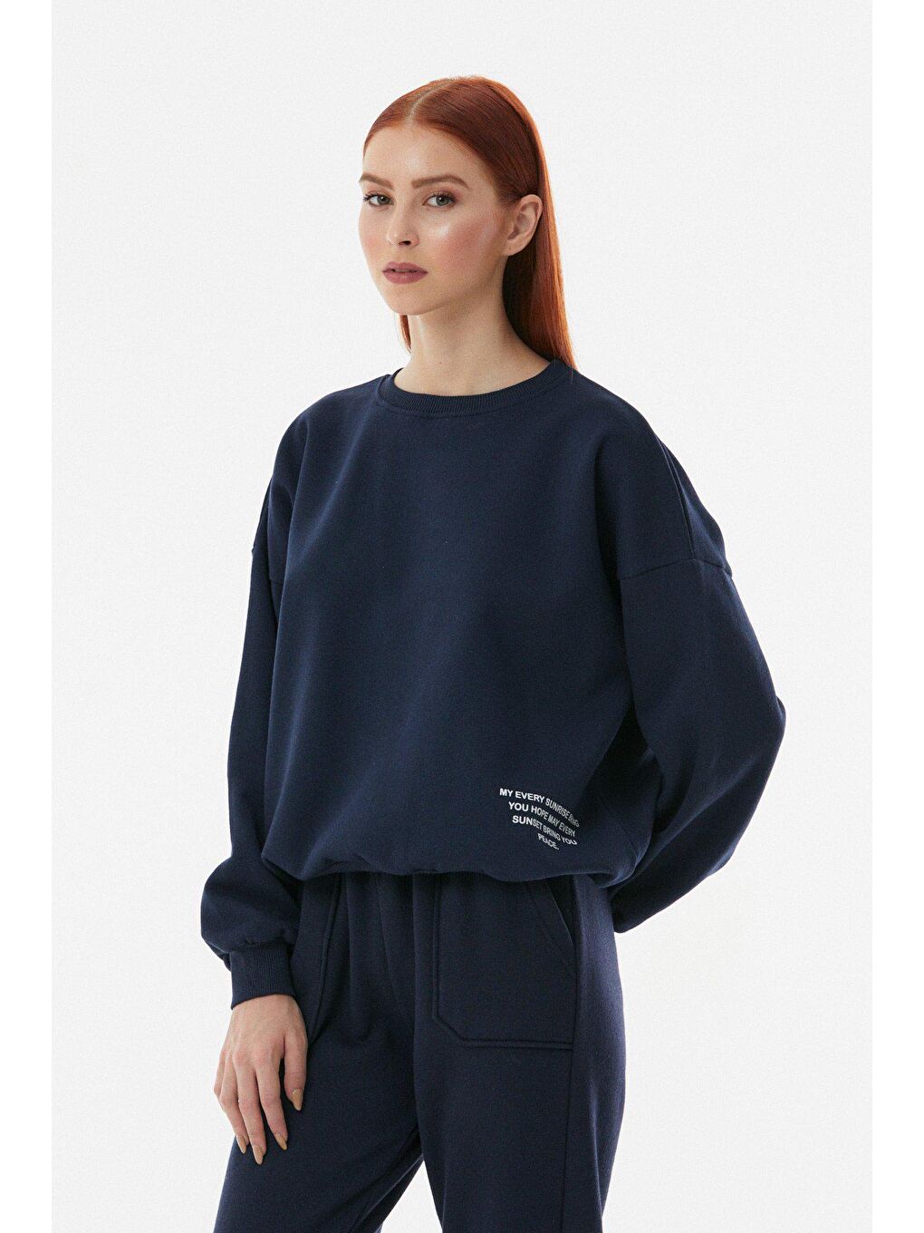 Lacivert Baskılı Bisiklet Yaka Sweatshirt-1