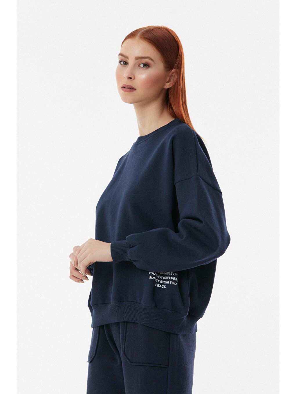 Lacivert Baskılı Bisiklet Yaka Sweatshirt-3